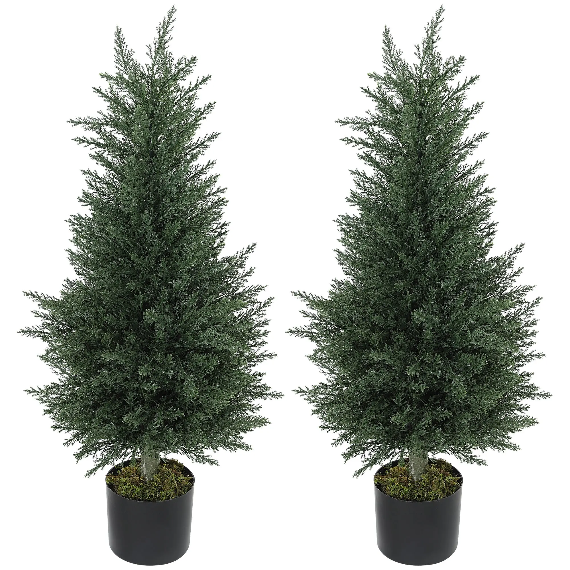 Set of 2 Artificial Cypress Trees, 35.4 in Faux Plants with Moss in Pots, UV-Resistant — Realistic PE Leaves for Indoor & Outdoor Decor