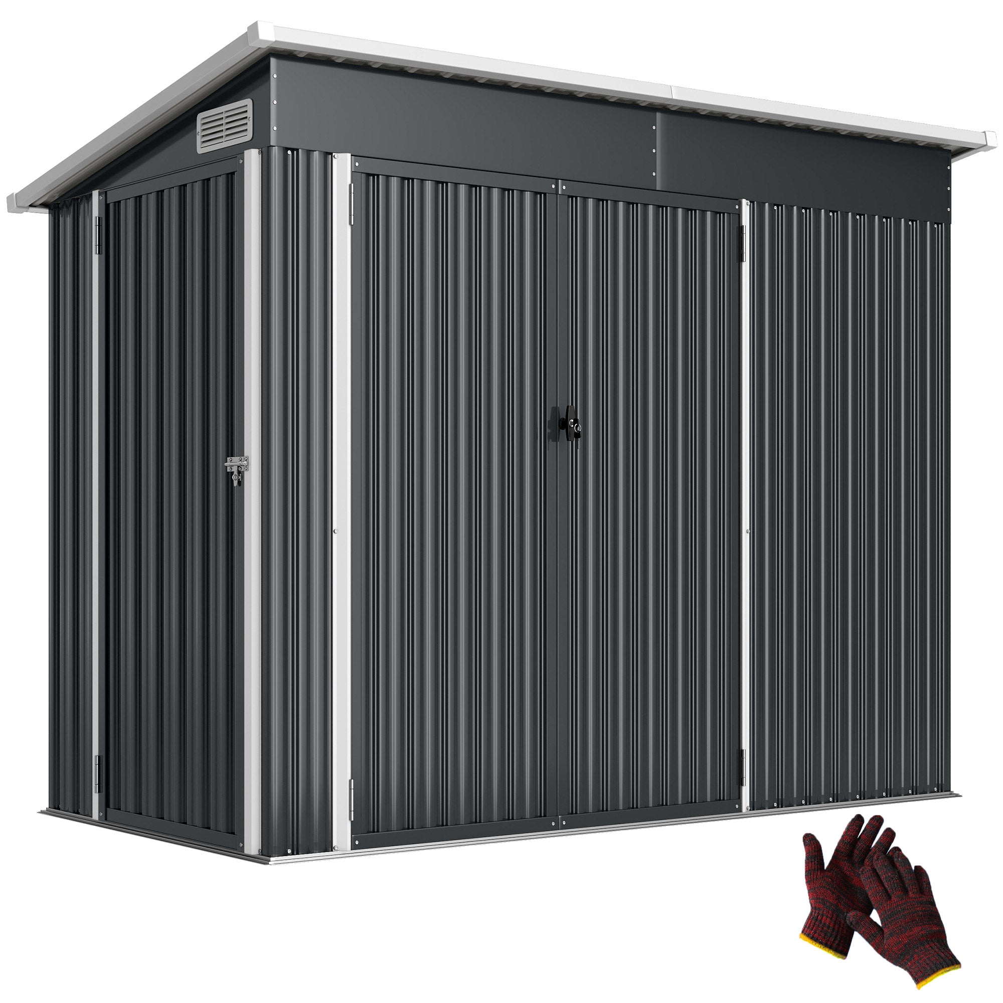 28.8 ft2 Metal Garden Shed – Lockable, 3 Doors, Ventilated, Single-Slope Roof, Gloves Included (92 x 52 x 73 in)