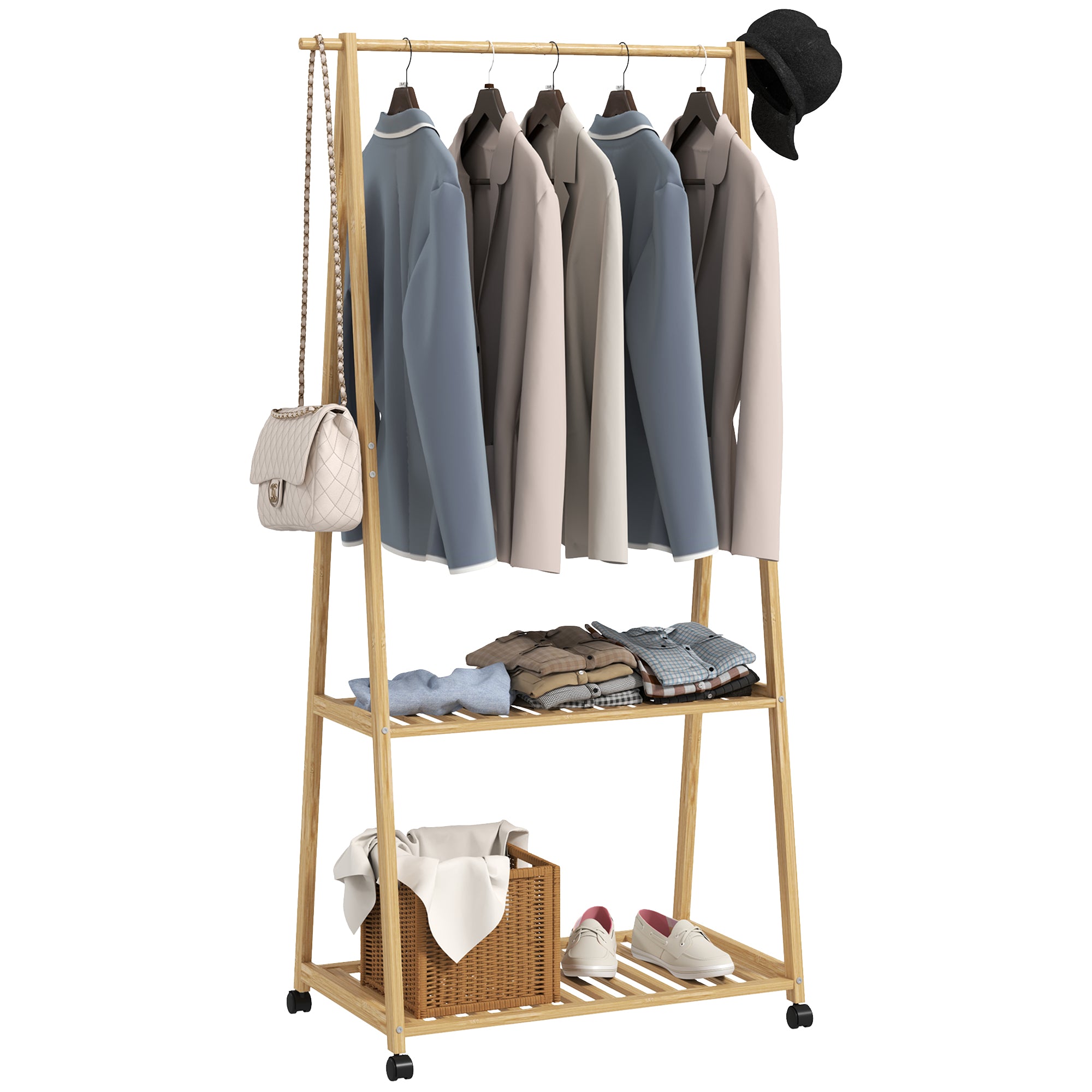 HOMCOM Bamboe Kledingrek met Wielen, 2 Open Planken en 2 Haken voor Hal, Slaapkamer en Gang, 84,5x43,5x158 cm Natuurlijk