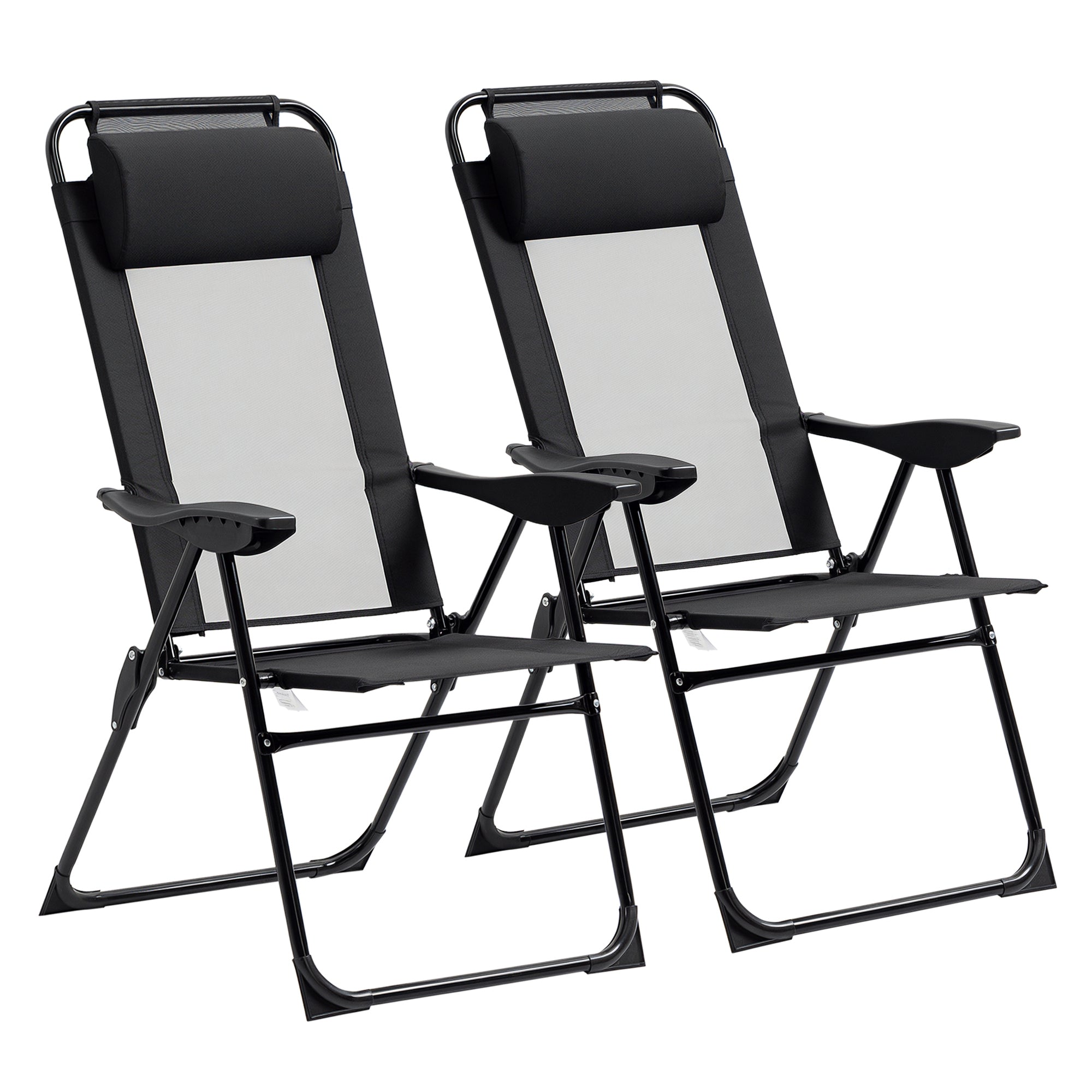 Outsunny 2 kpl taittuvia retkituoleja irrotettavalla pääntuella ja 5-tasoisella selkänojan kallistuksella, kuormitus 120 kg, terassille ja rannalle, 62x70x109 cm, musta