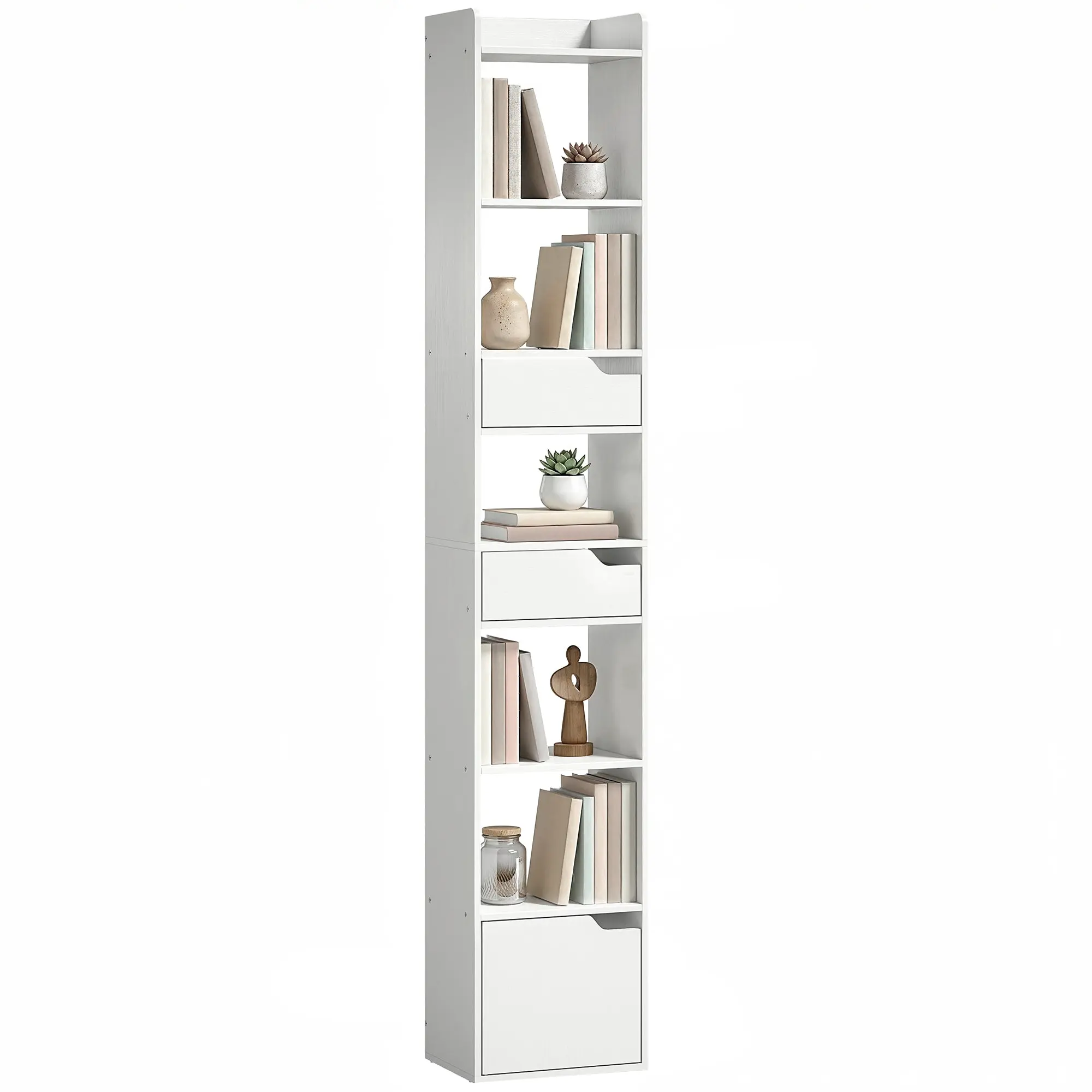 Narrow Bookcase with 2 Drawers and Door, 6 Open Shelves Tall Cabinet for Living Room, Study, Office — 12.6 x 9.4 x 71.5 in, White