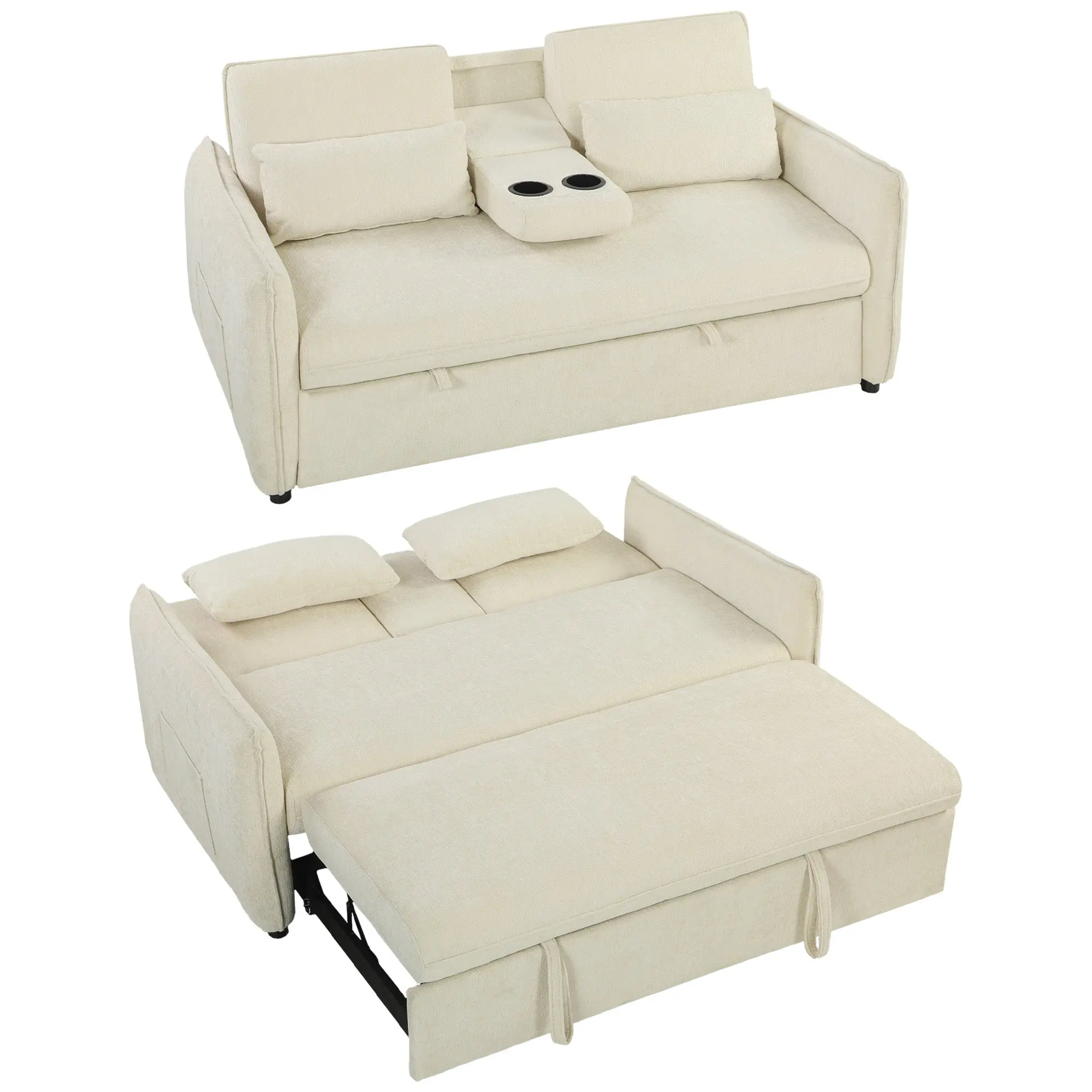 2-Seater 3?in?1 Convertible Chenille Sofa Bed with Adjustable Backrest, Cup Holders & Side Pockets — Beige