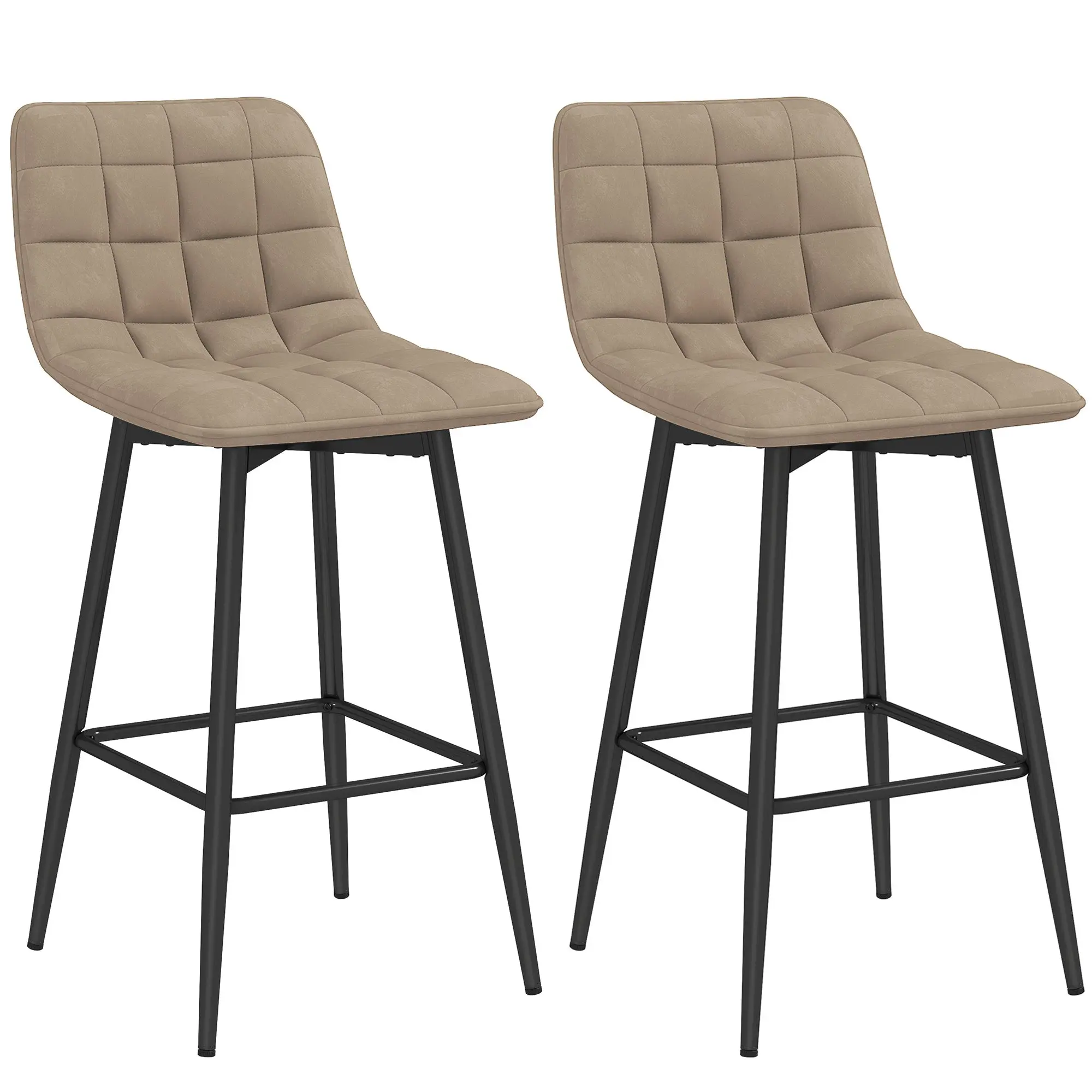 Set of 2 Nordic Style High Stools with Backrest and Footrest, Velvet Effect Fabric and Metal Stools, 45x47x84 cm, Brown