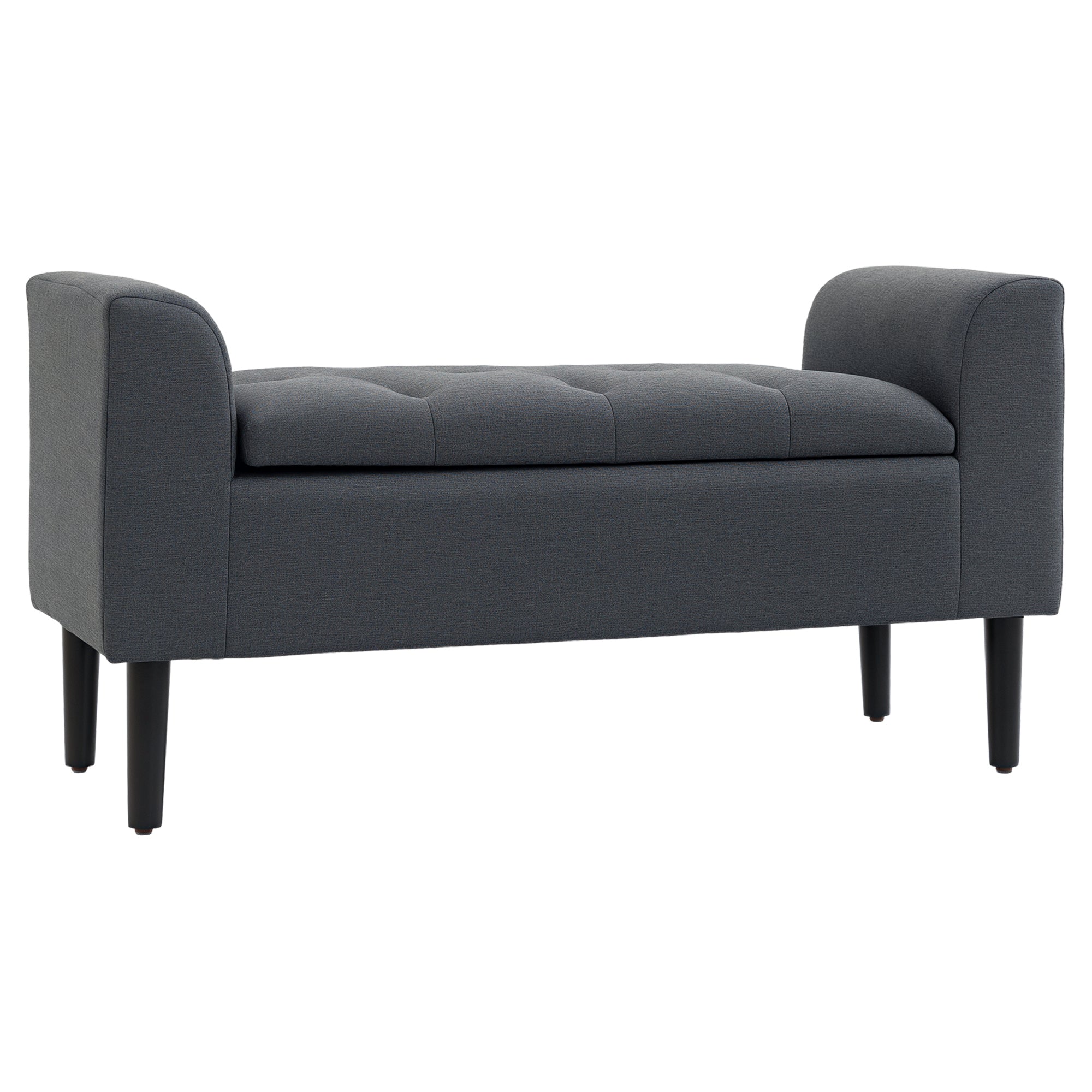 HOMCOM Tároló Puff, Kárpitozott Pad Vászonhatású Anyaggal, Fa Lábakkal, Ágy Pad Nappaliba, Hálószobába, Előszobába, 116 x 44 x 58 cm Sötét Szürke
