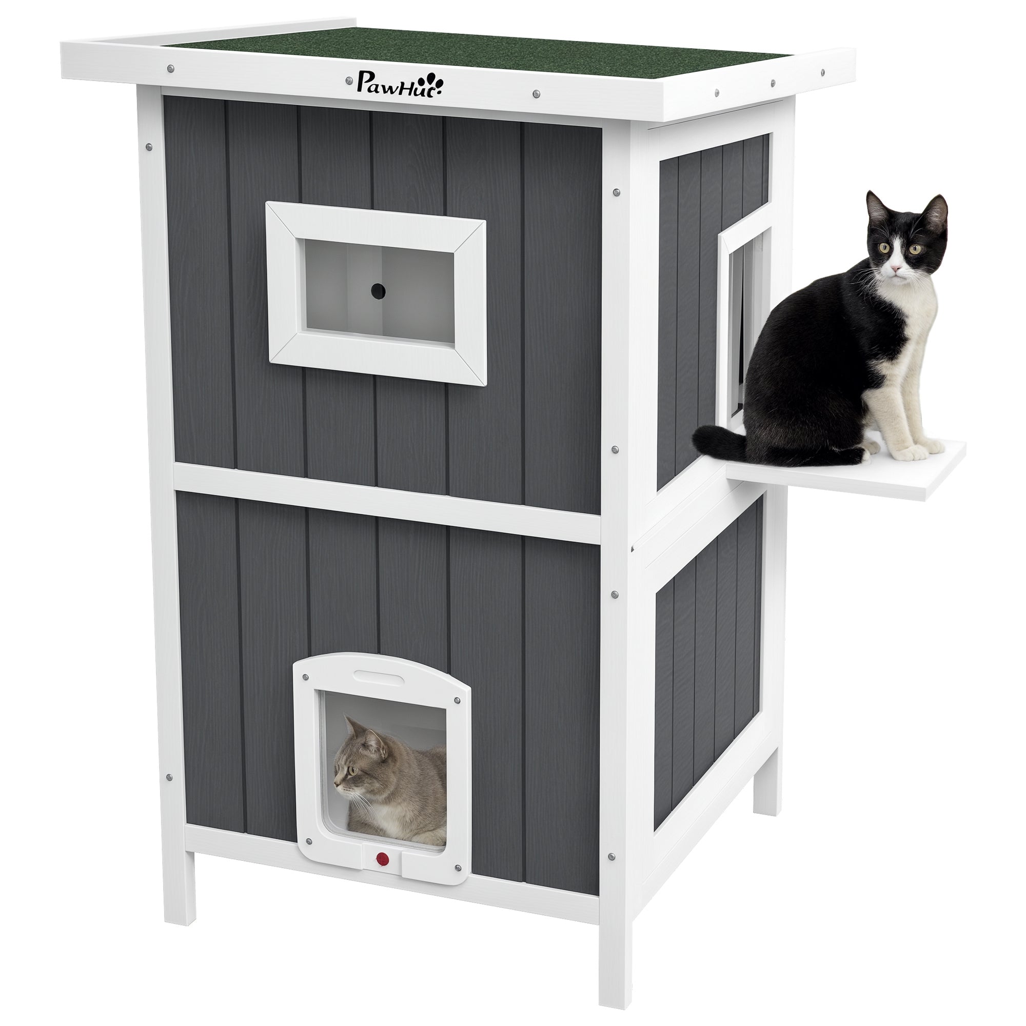 PawHut Waterdichte Houten 2-Verdiepingen Kattenhuis met Leuke Ingangen, Buitendierenschuilplaats met Openbaar Dak, 60x60x90,5cm