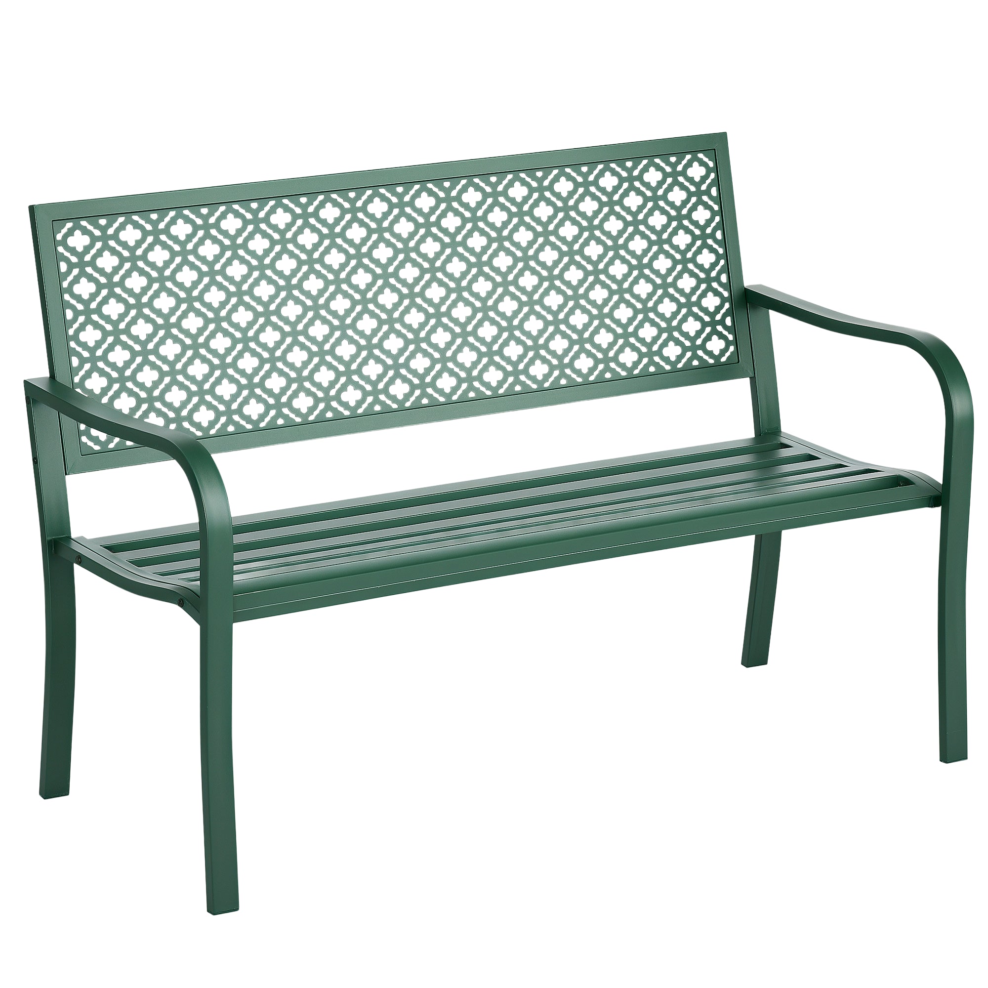 Steel Garden Bench, 2-Seater Park Bench with Backrest & Armrest, Bench with Flower Pattern, for Garden, Balcony, max. 240 kg, Dark Green, 127 x 63 x 83 cm