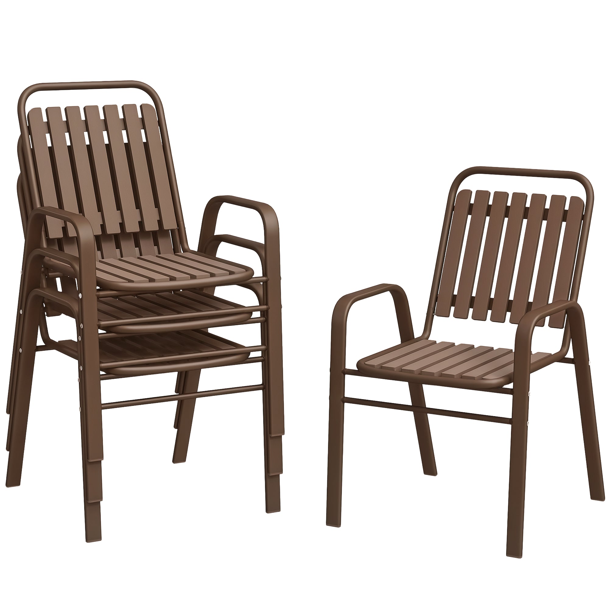 Set of 4 Stackable Garden Chairs with High Backrest and Armrests, Outdoor Chairs in PP Plastic and Steel, for Patio, Balcony, Terrace, Outdoor and Indoor, 56x66x91 cm, Dark Brown