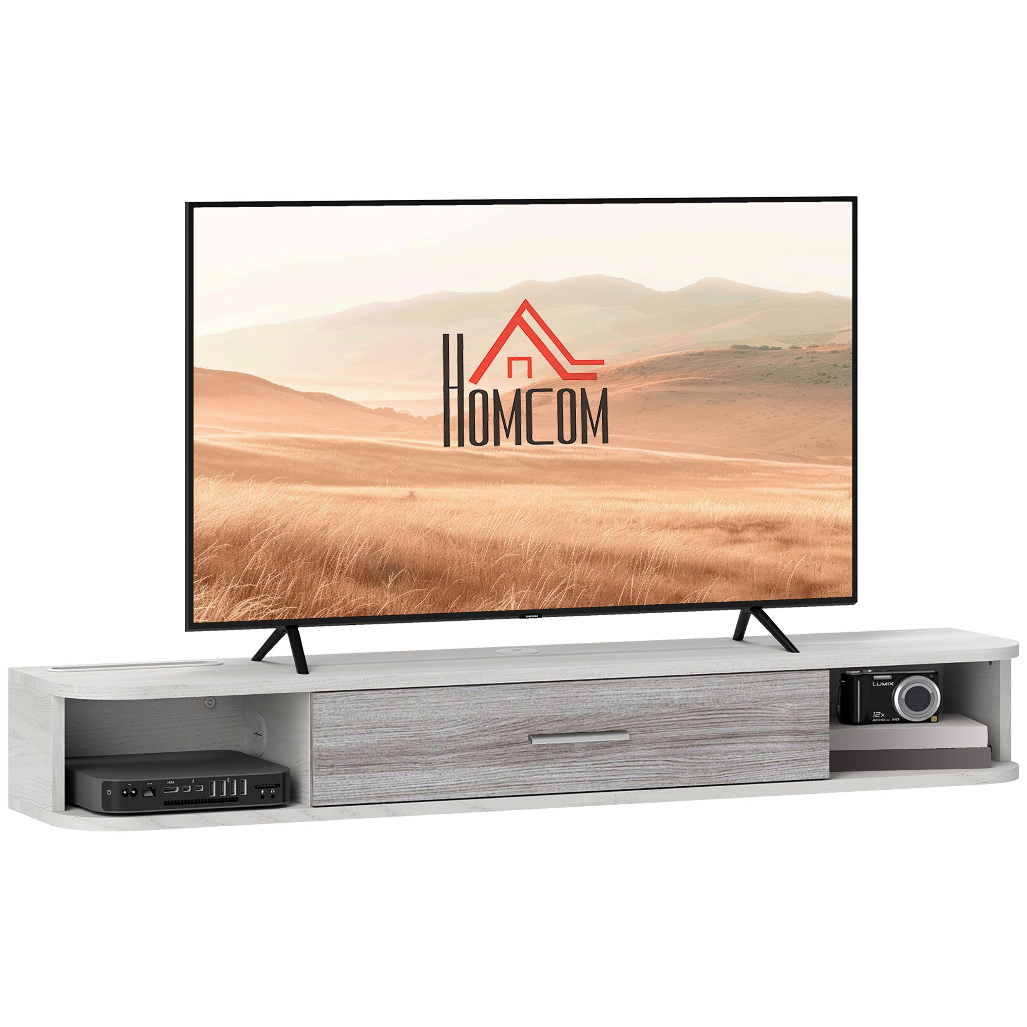 Floating TV Stand with 2 Open Shelves and Flip-Down Cabinet, Wooden TV Cabinet, 120x26x16 cm, White and Gray