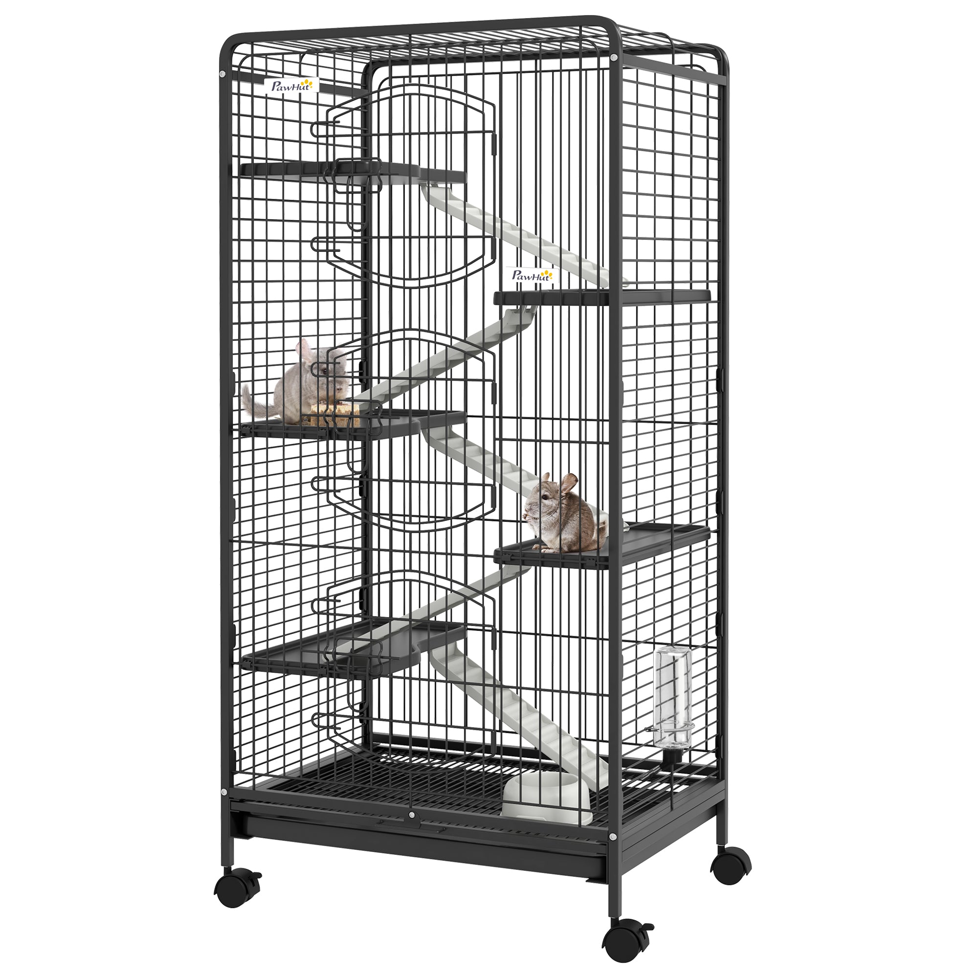 PawHut pieni eläinkoppi jyrsijöille, joissa on renkaat, ramppi, kupit, vesipullot ja irrotettava laatikko kaneille, chinchilloille ja freteille, 61,5x44x131 cm, musta