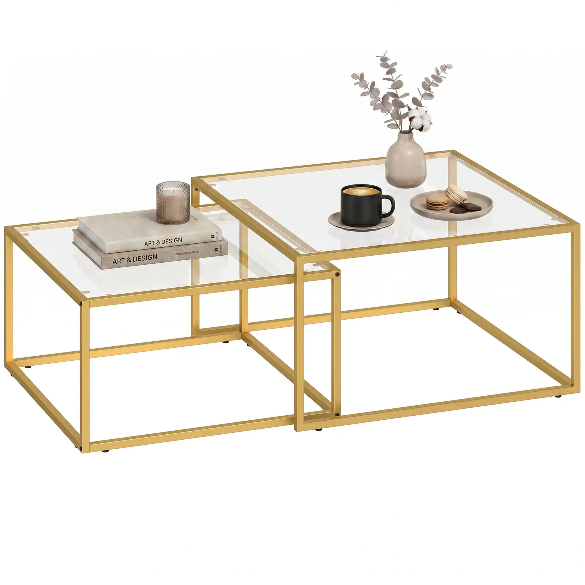 2-Piece Square Nesting Coffee Tables with Tempered Glass Top and Metal Frame, Space-Saving, for Living Room, Bedroom or Office, 29.5x29.5x16.5 in, Gold