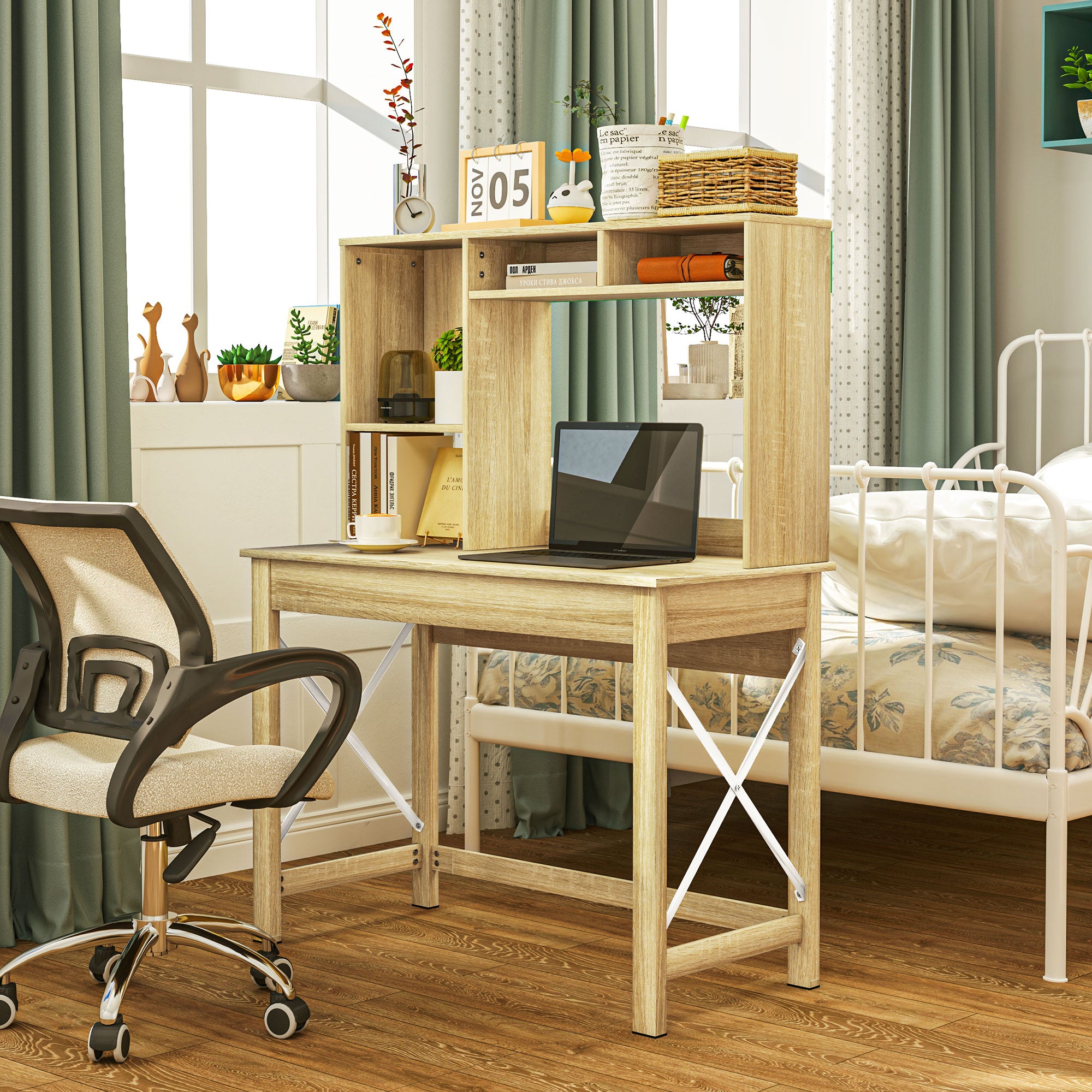 Desk with Storage Bookshelf Modern Wooden Desk with Shelves and Large Desktop for Small Spaces Home Office Bedroom, 105 x 50 x 137.5 cm, Oak Finish