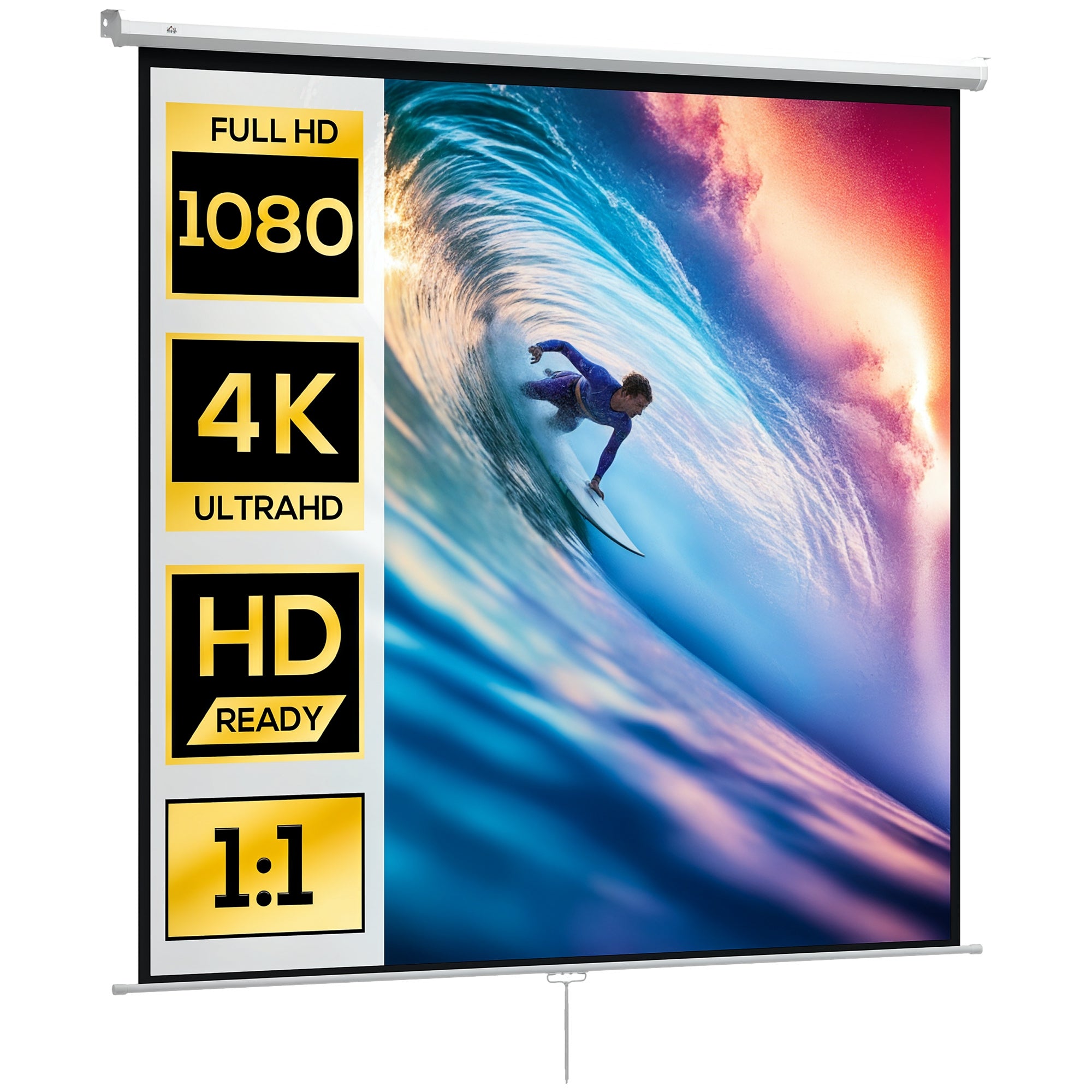 HOMCOM 120-Zoll Projektorleinwand im 1:1 Format, rollbare Projektorleinwand mit 160° Sichtwinkel und Decken- oder Wandmontage, 223x8x223 cm, Weiß