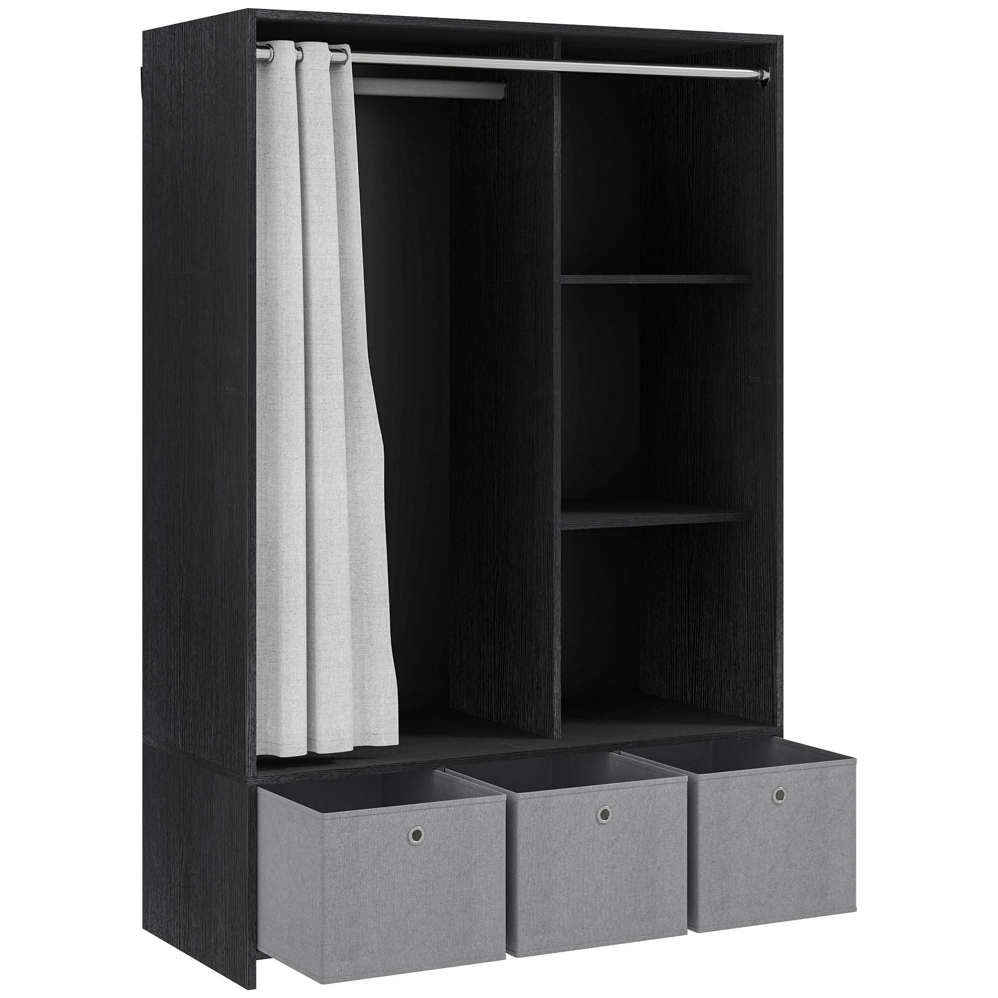 Wardrobe closet, dressing with curtain, clothing bedroom wardrobe, wardrobe with hanging rod, 3 compartments, and 3 removable fabric drawers - 105 x 48 x 160 cm, black
