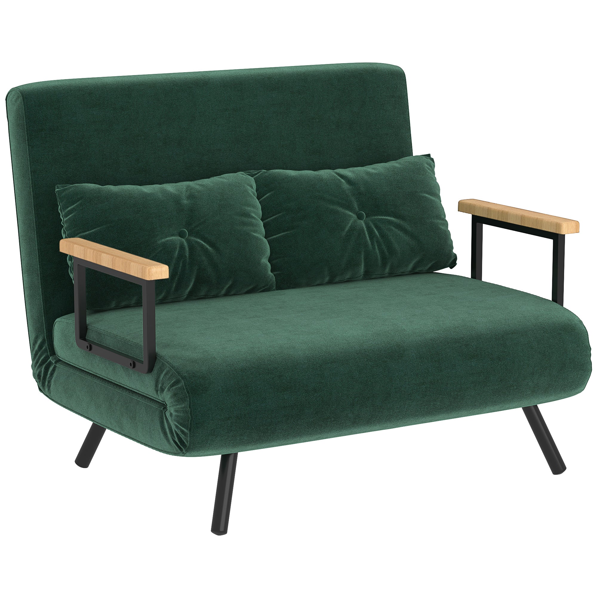 HOMCOM 2-Sëtz Sofa Bett Klappbar Ugestoppt an Seid bei mat 5 Verstellbare Réckstécker Niveauen an gepolsterten Këssen fir Büro, Schlofkummer, Wunnzëmmer 102x73x81 cm Gréng