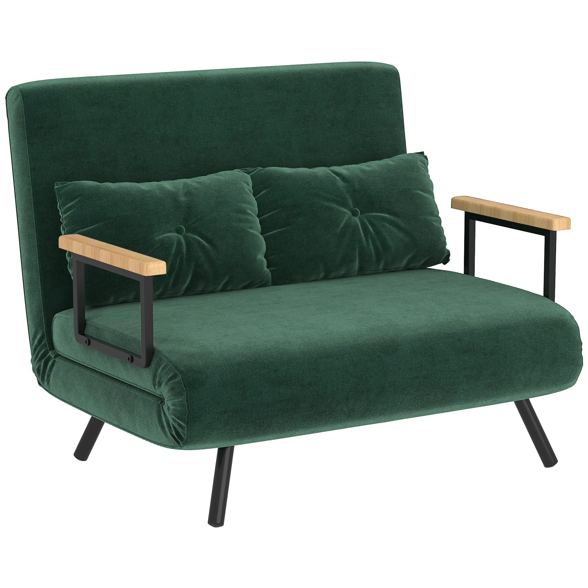 2 Seater Sofa Bed, 4-in-1 Convertible Folding Sofa Bed with 5-Position Adjustable Backrest, Velvet Upholstered Sleeper Sofa with Pillows, Green