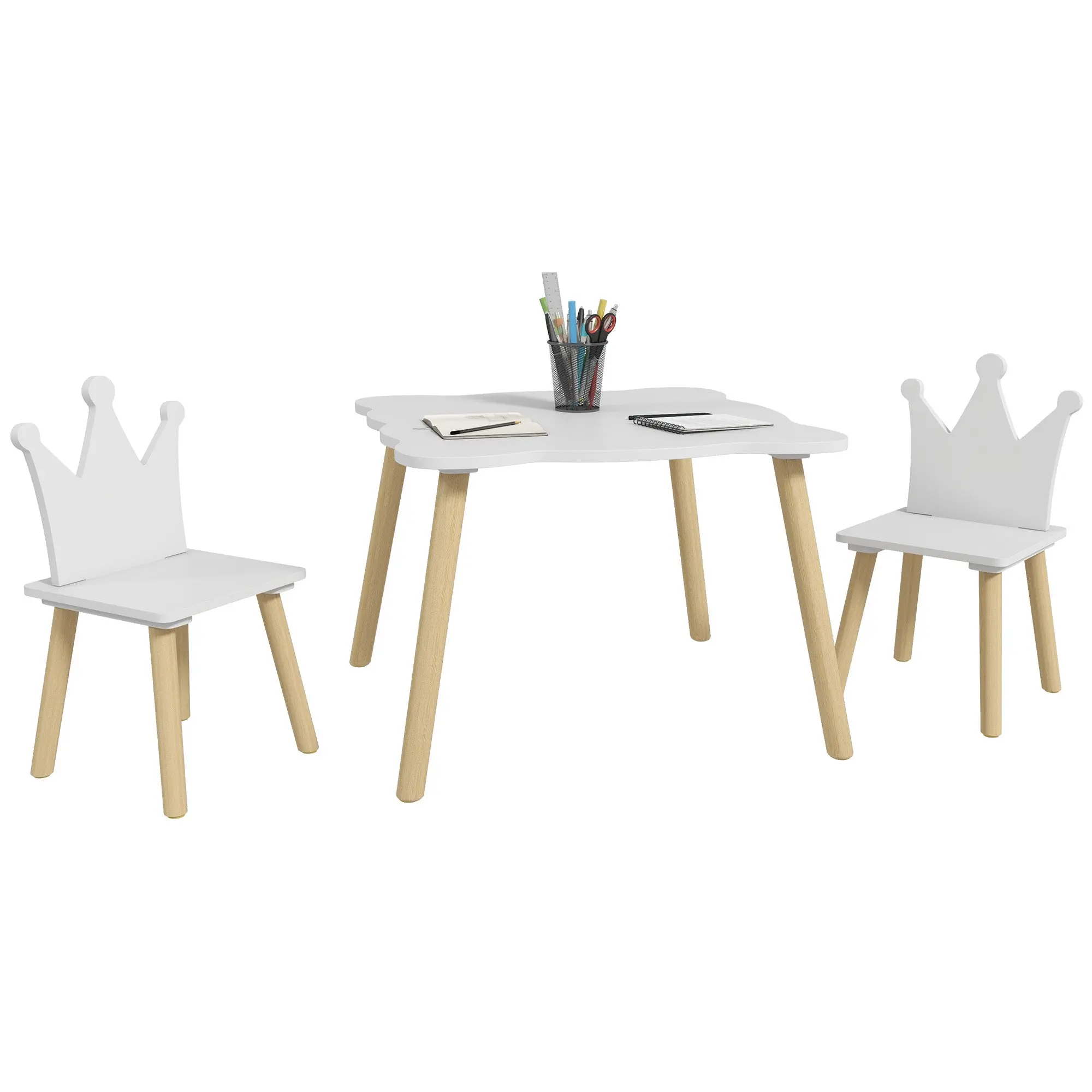 3-Piece Children's Table and Chairs Set Children's Table with 2 Chairs with Crown Backrest for Kids 3-6 Years for Playroom Bedroom Nursery White