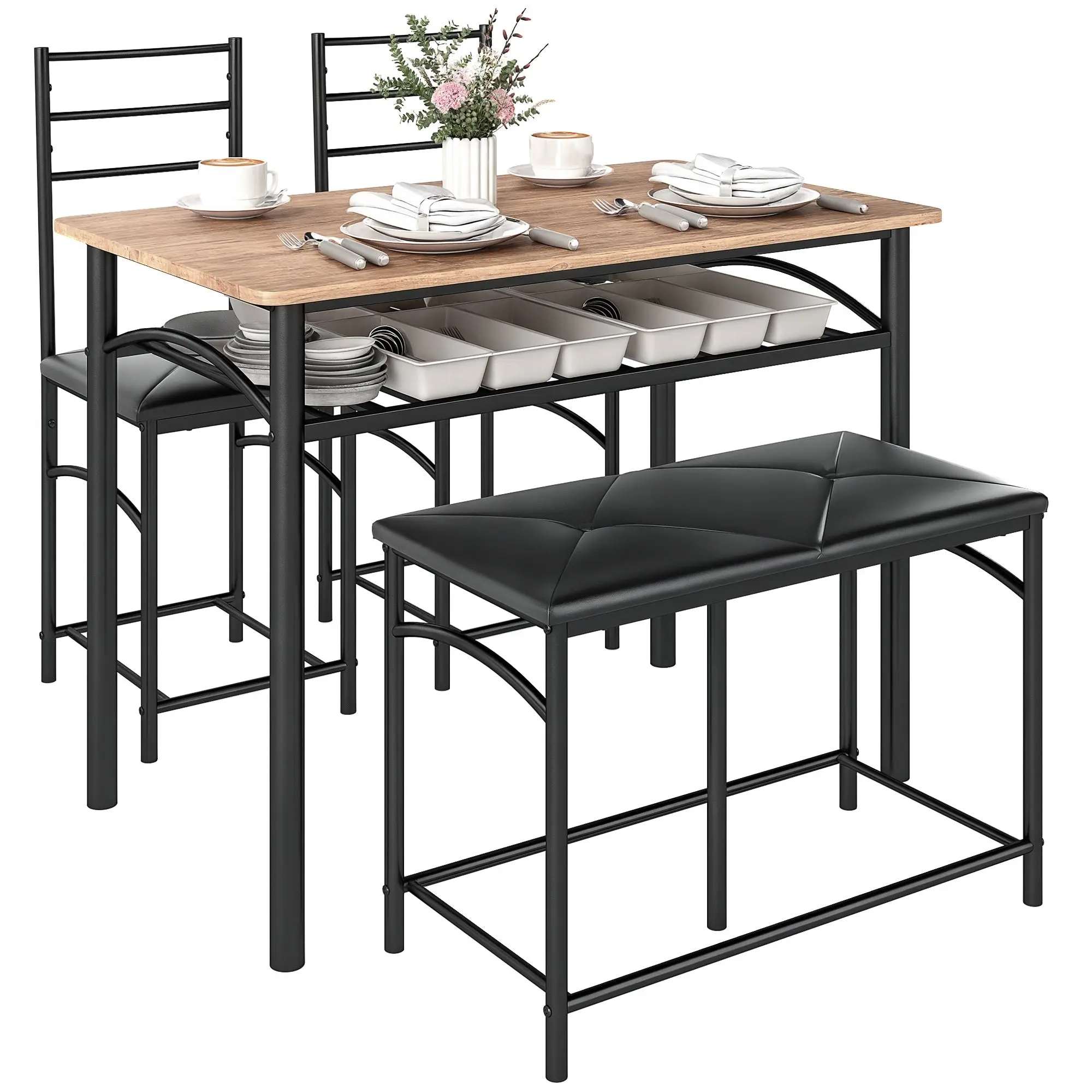 4-piece Dining Set, Dining Table with 2 Chairs, Bench, Space-Saving Dining Room Set, Dining Table Set for Small Spaces, Kitchen, Dining Room, Brown