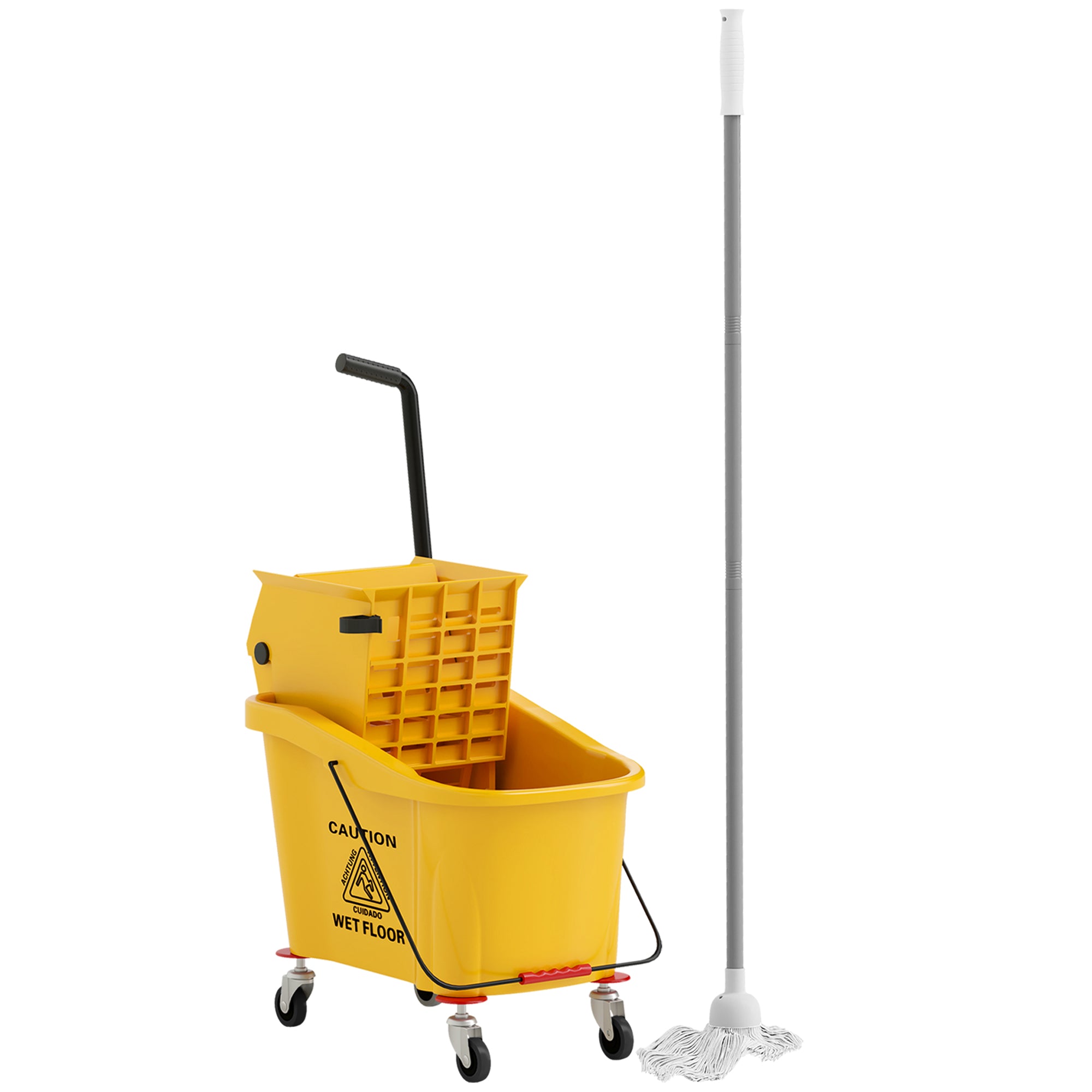 HOMCOM Schoonmaakwagen 36 Liter Emmer met Pers, Huishoudwagen met Mop en Handvat voor Schoonmaak van Gebouwen, Kantoorschoonmaak Geel