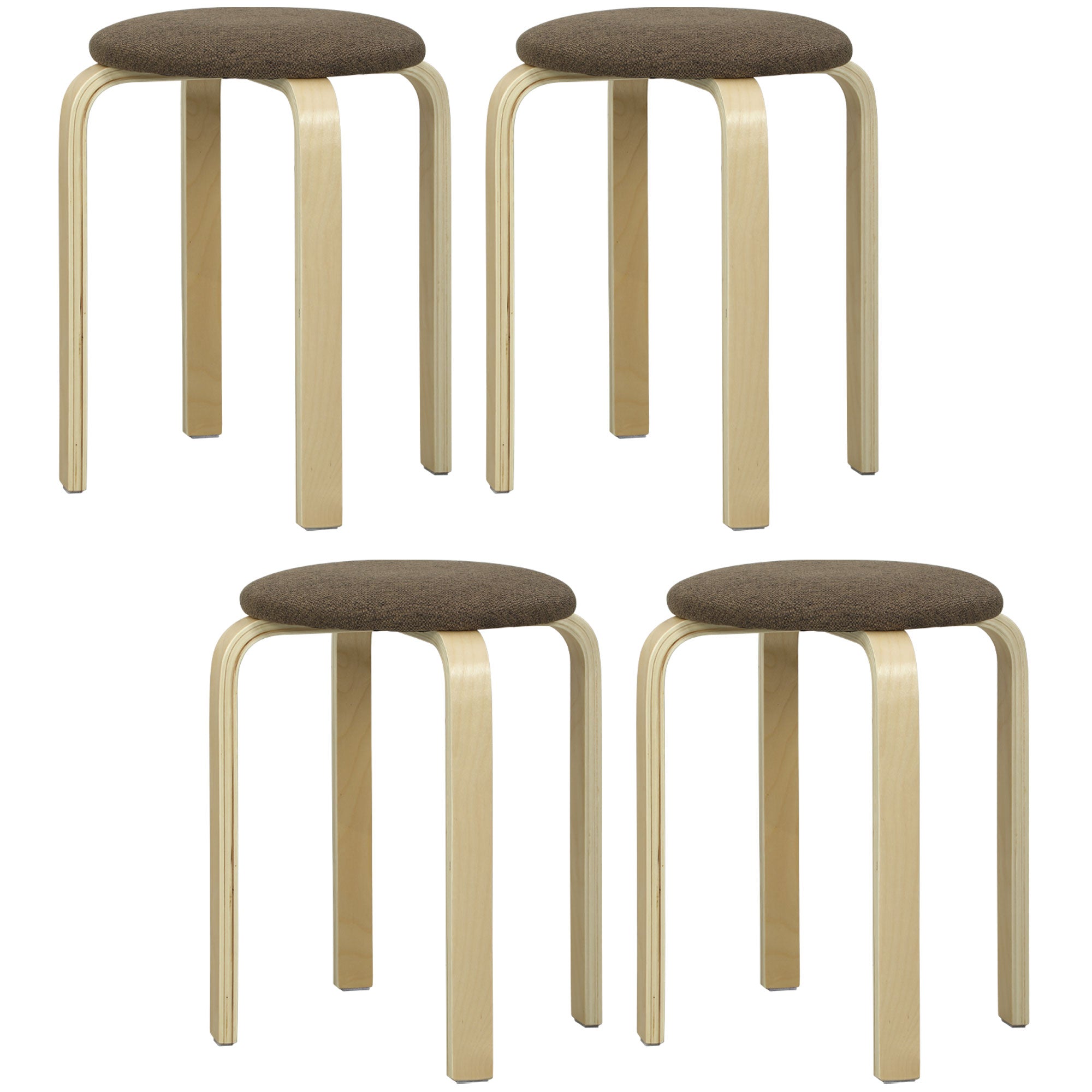 HOMCOM Ensemble de 4 Tabourets Ronds Empilables en Bois avec Assise Rembourrée pour Salle à Manger Chambre Bureau Salon Marron et Naturel