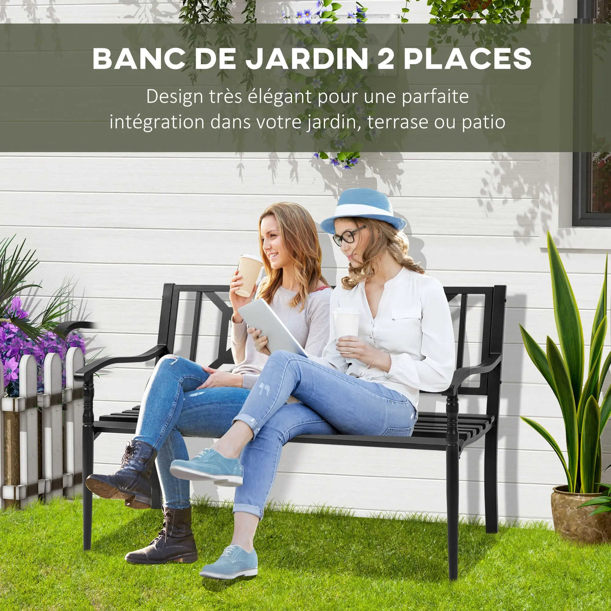 2-Seater Garden Bench Outdoor Patio Terrace High Back Slatted Seat Comfortable Armrests Steel 128 x 62.5 x 81.5 cm Black