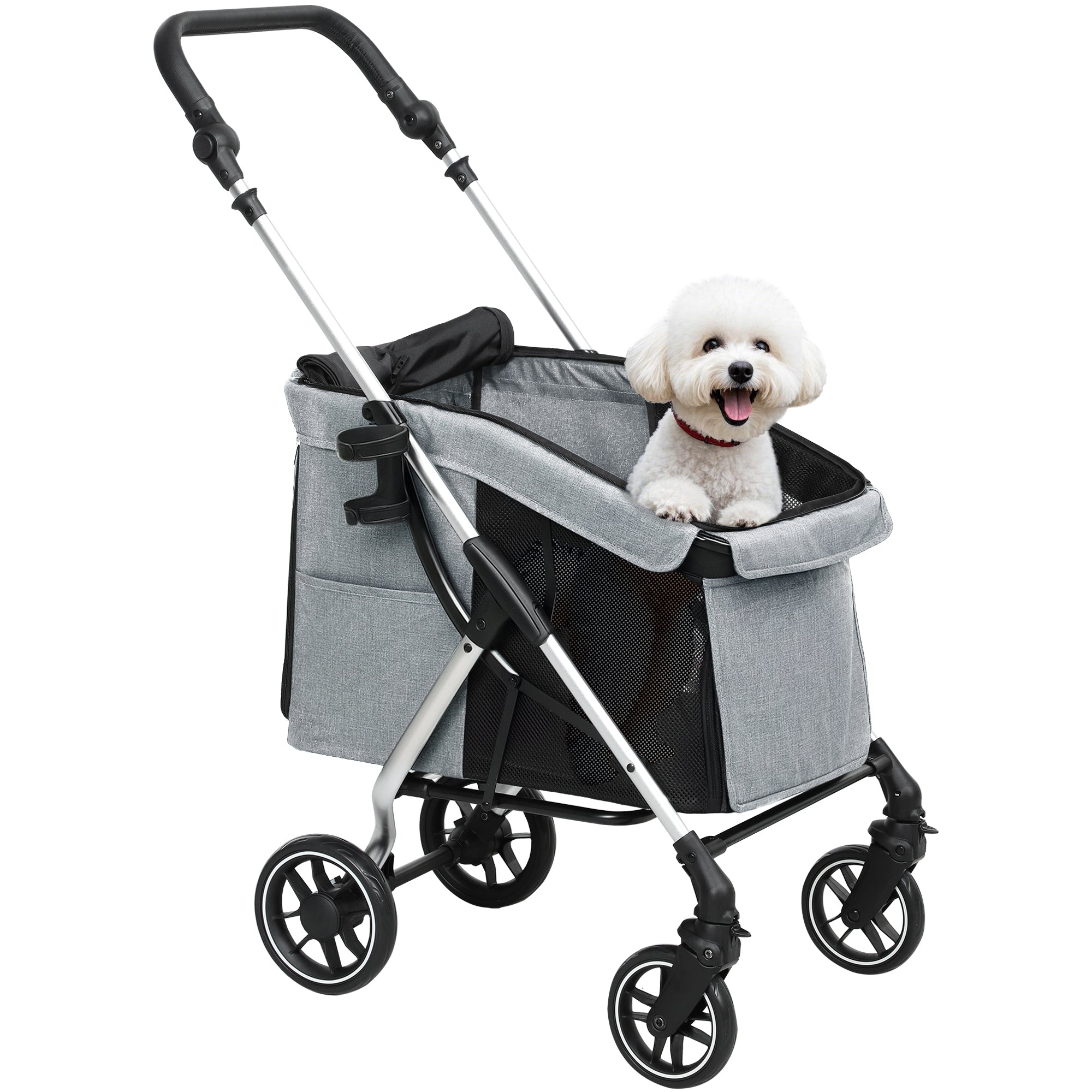 PawHut Hundeklapvogn Foldbar Kjæledyrsklapvogn til Små Hunde med Universelle Hjul Aluminiumramme Sikkerhedsrem Vaskbart Gelænder og Netvinduer 80x48.5x106 cm Grå