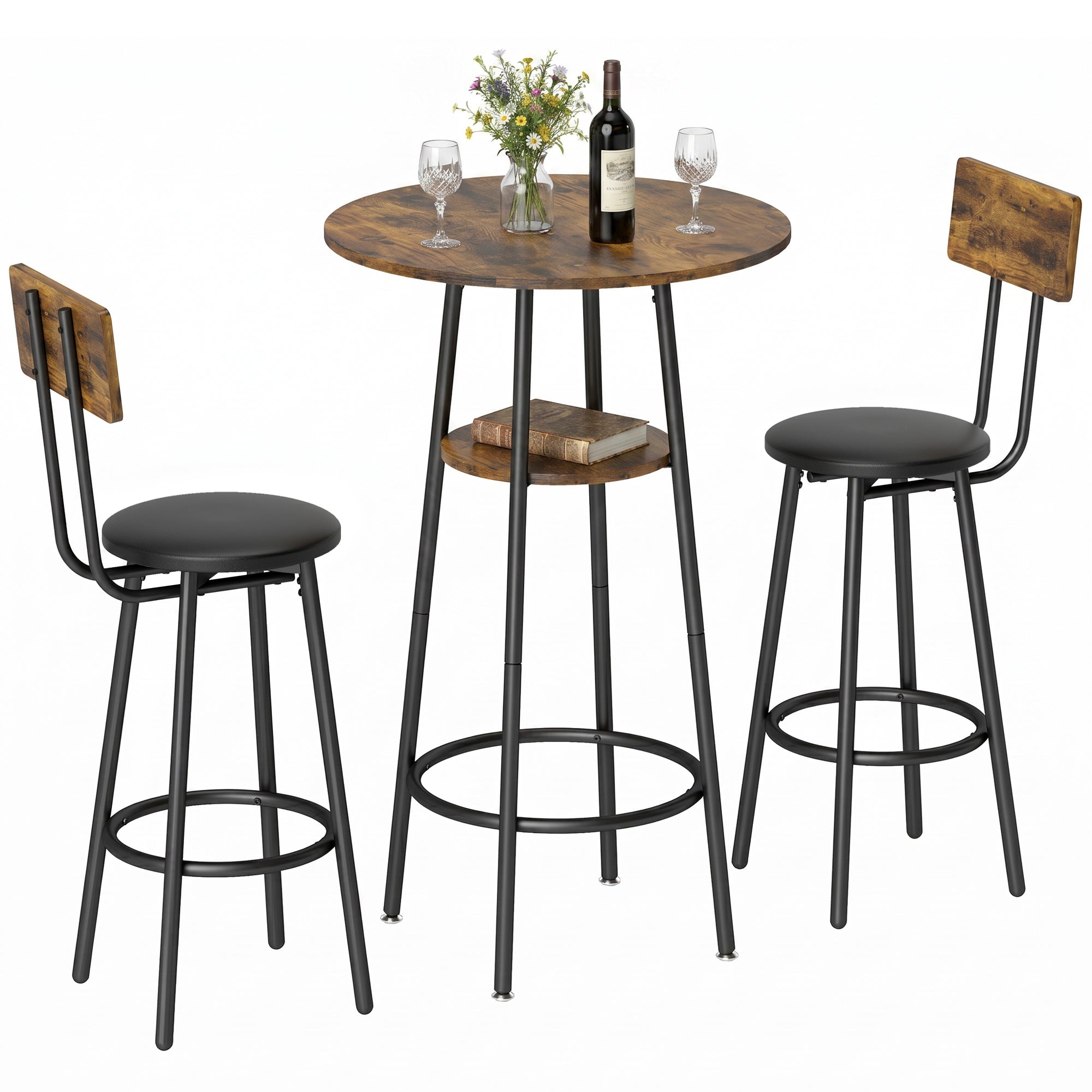 HOMCOM bartafel met 2 gepolsterde barkrukken, voetensteunen, metalen frame — industrieel, rustiek bruin