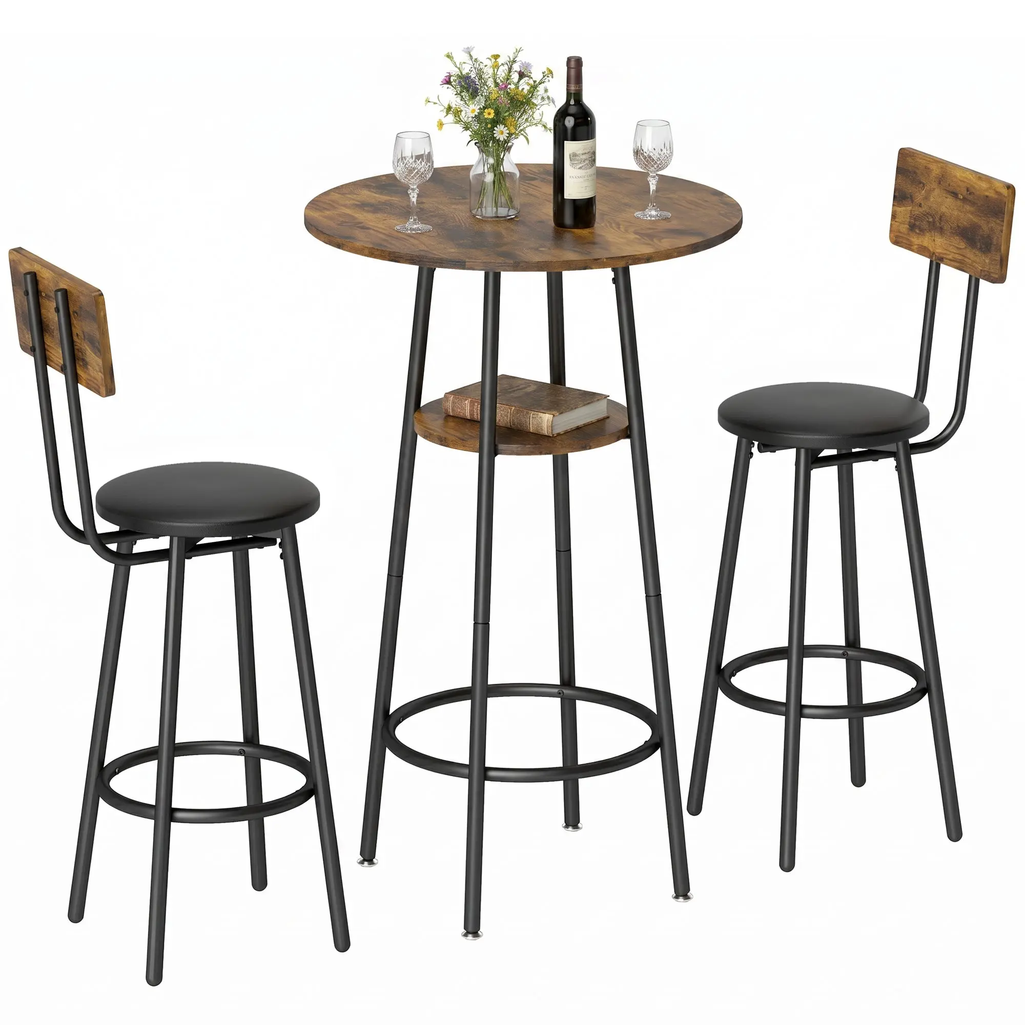 Bar Table with 2 Padded Bar Stools, Footrests, Metal Frame — Industrial Kitchen/Dining Set, Rustic Brown
