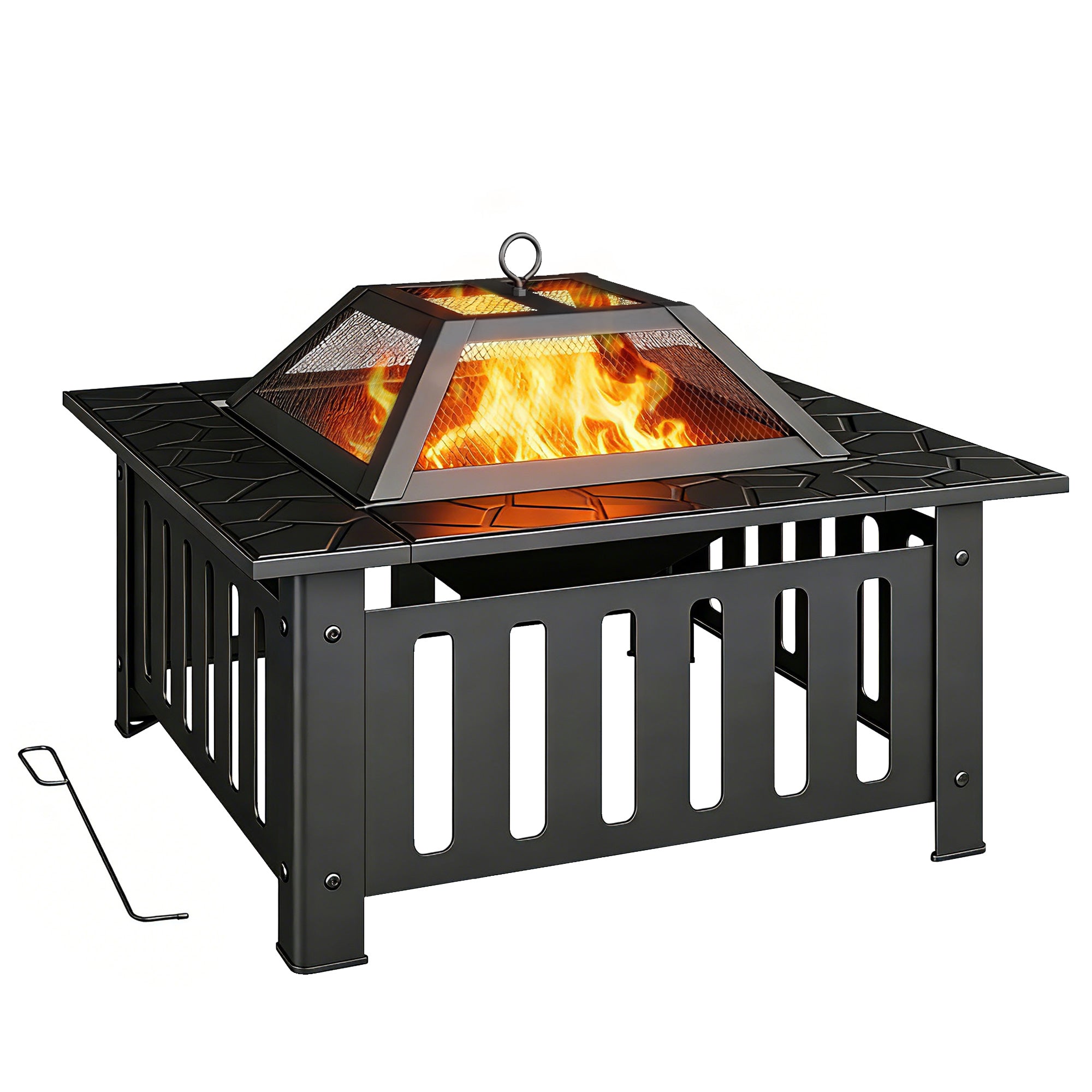Outsunny quadratische Stahl-Feuerstelle für den Außenbereich, 67 x 67 x 47 cm, mit Funkenschutz & Feuerhaken, Schwarz