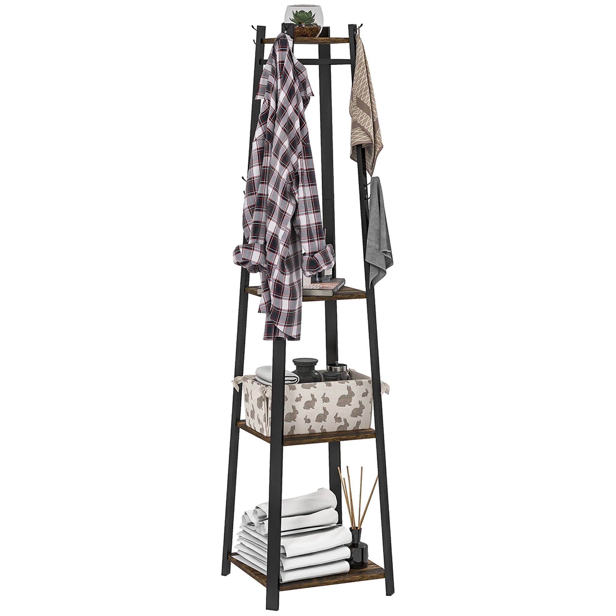 Floor Coat Rack with 8 Hooks, 3 Shelves and Top Shelf, Trapezoid Design for Entryway, Bedroom and Living Room, 34x34x170 cm, Rustic Brown