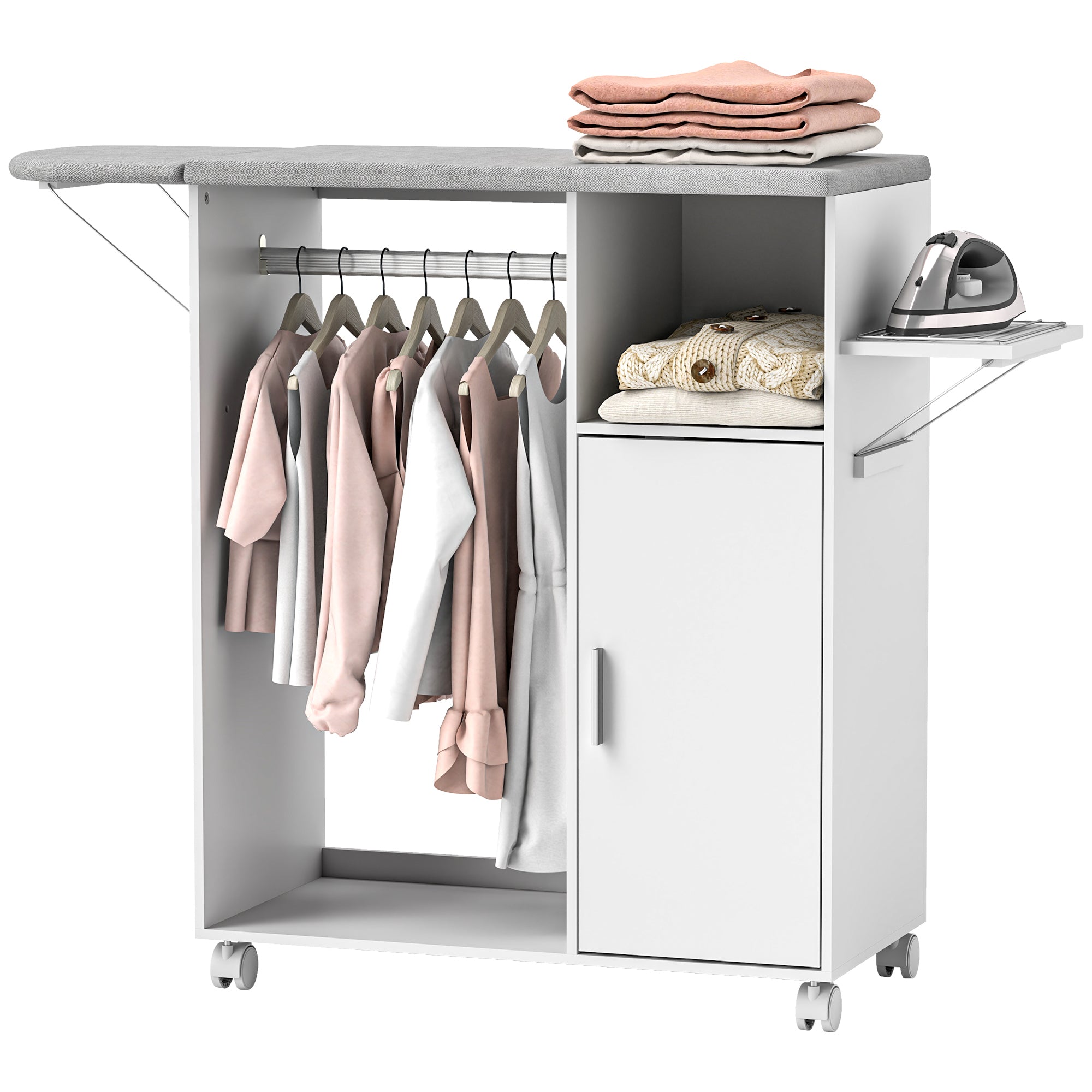 HOMCOM Bügelbrettschrank mit Rollen, faltbar mit Kleiderstange, offener Ablage und verstellbaren Regalen für Wohnzimmer und Schlafzimmer 127x42,5x99 cm Weiß