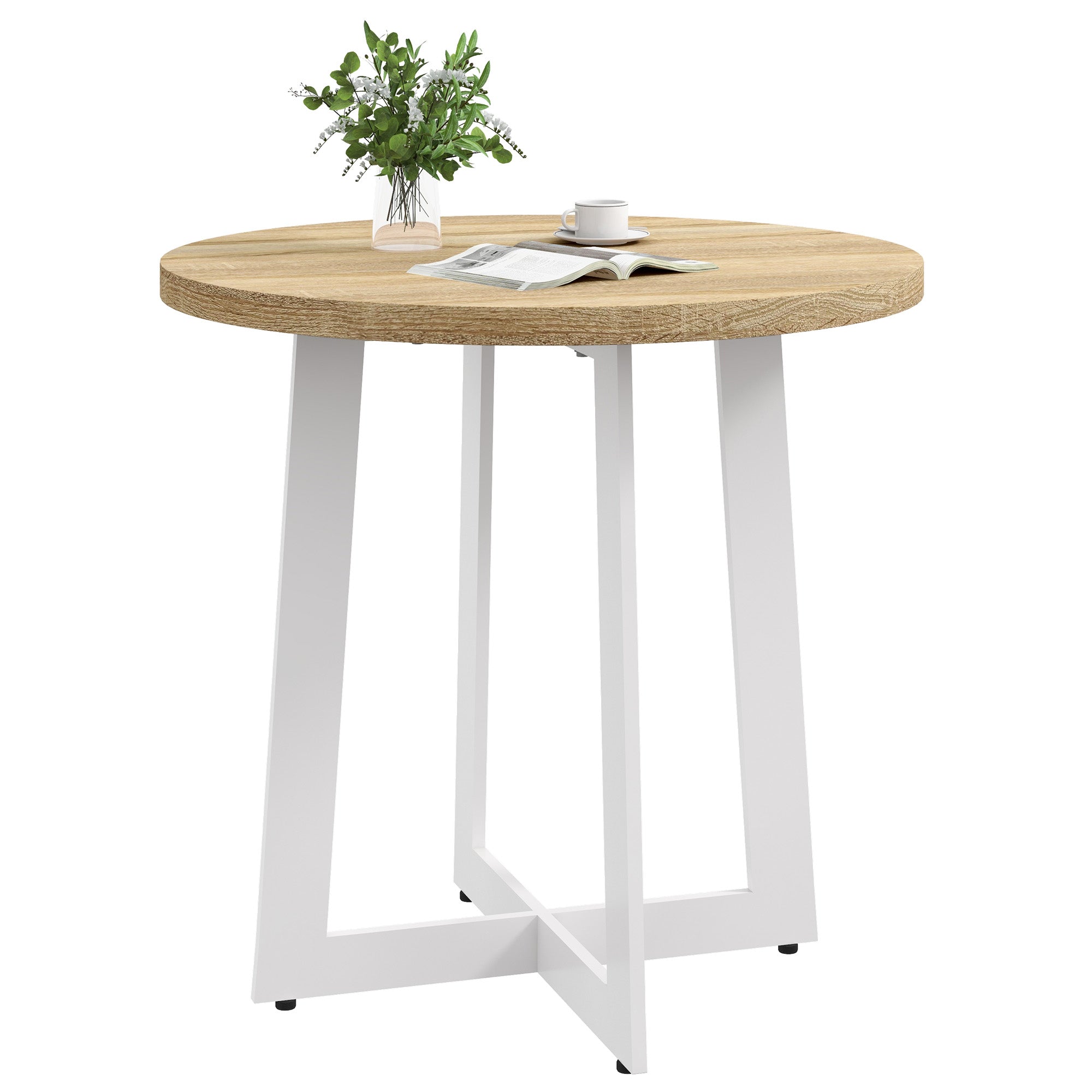 Round Dining Table for 4 People Modern Kitchen Table with Wooden Tabletop and Cross Steel Base for Dining Room ?80x75 cm Oak