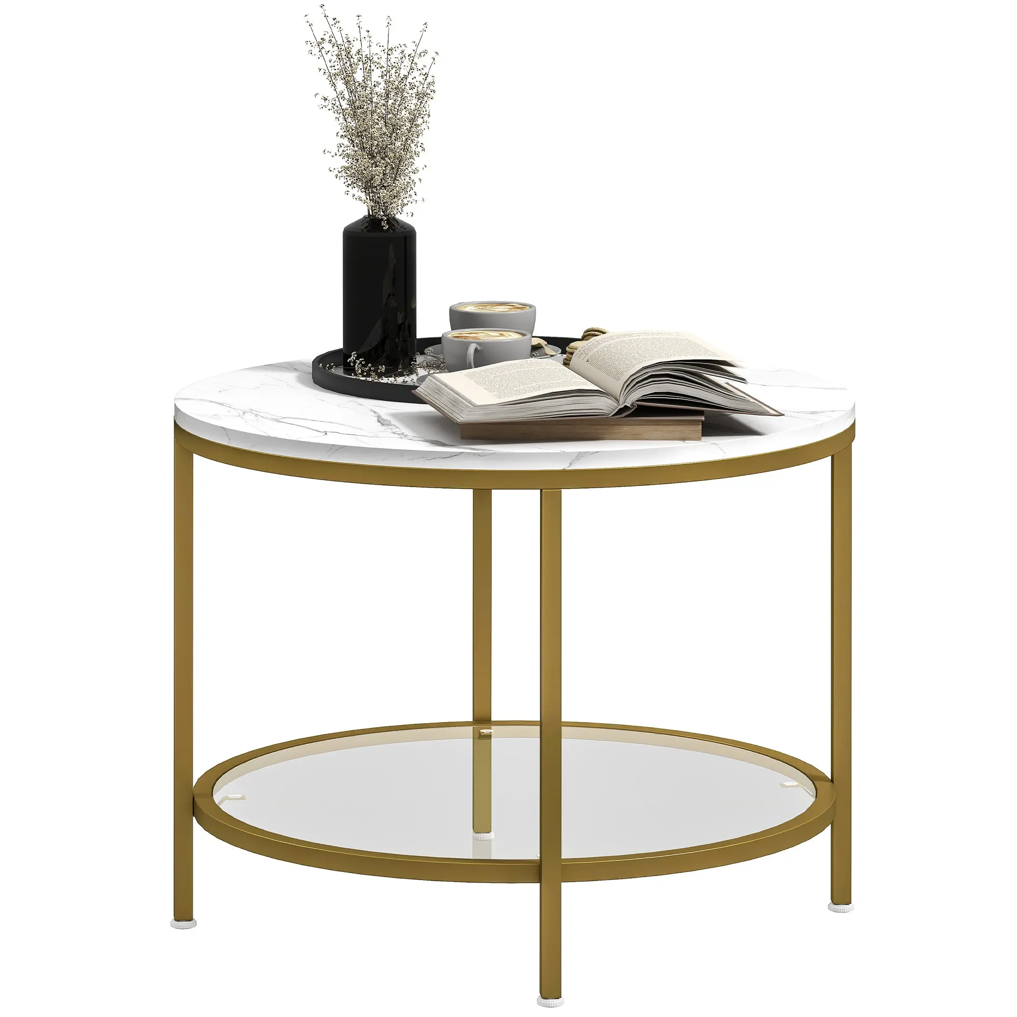 Round Living Room Coffee Table, Modern 2-Tier Side Table with Marble Effect Top and Tempered Glass Shelf, End Table for Living Room, Bedroom, ? 60 x 45 cm, White and Gold