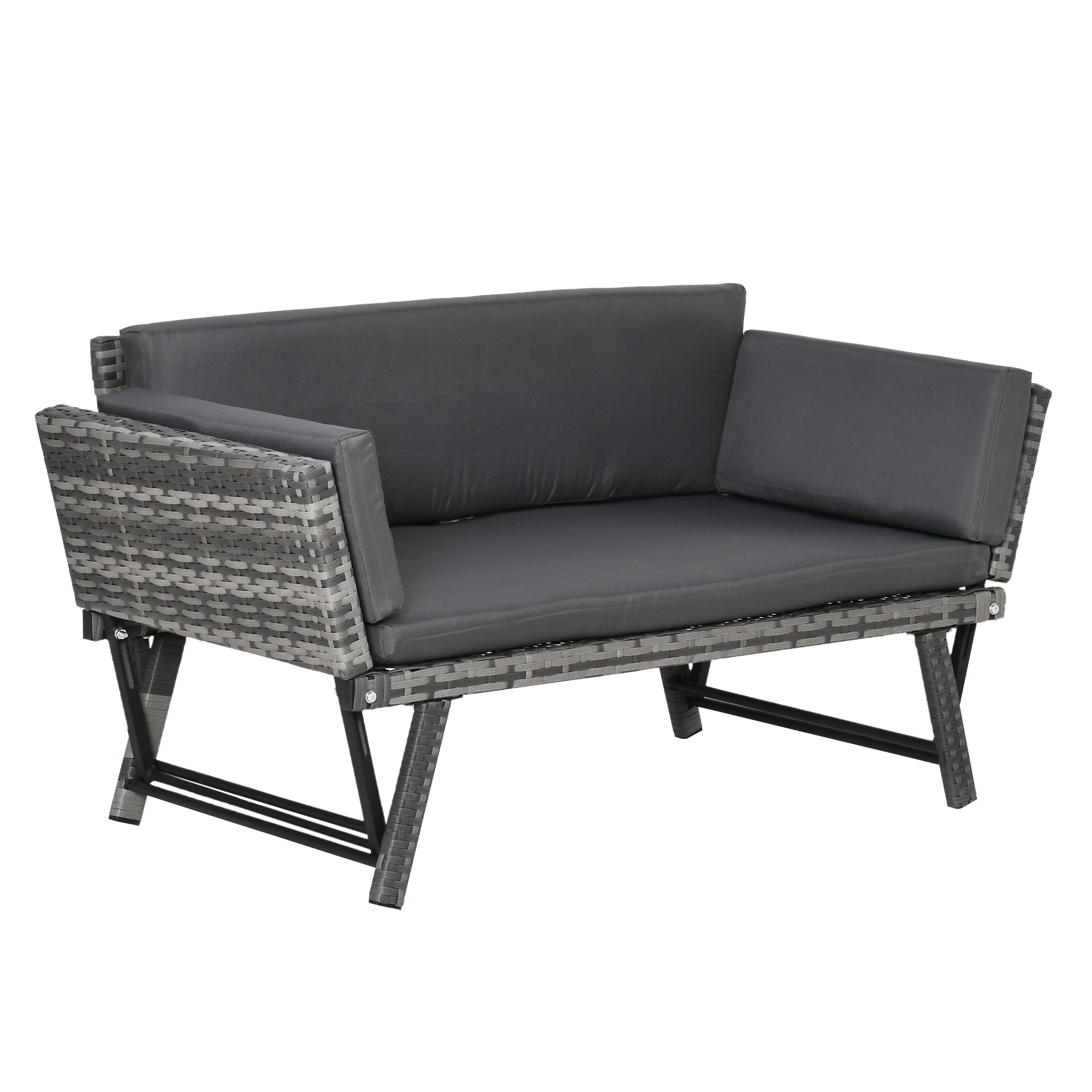 Outsunny Poly Rattan Garten-Sofa 2-Sitzer Outdoor Möbel Lounge-Sofa Gartenbank Liegen mit klappbaren Armlehnen Stahl Grau 129 x 63 x 67 cm