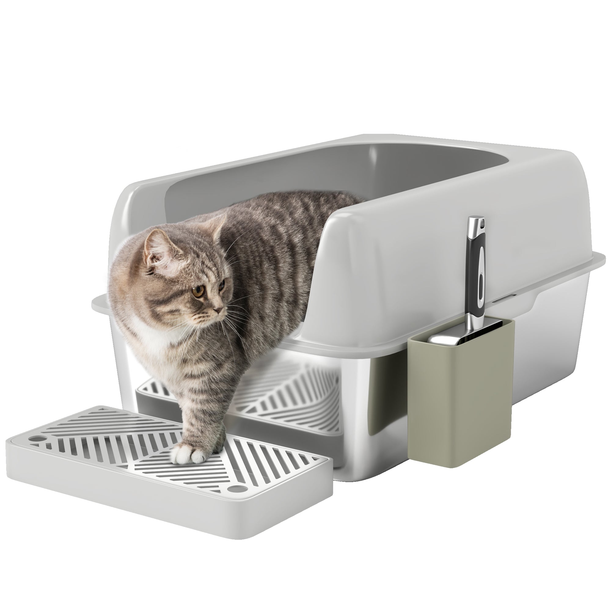PawHut Stainless Steel Cat Litter Box Open Top High Sided Large Metal Litter Tray with Litter Catching Step Mat Scoop and Holder 60 x 40 x 30 cm Light Grey