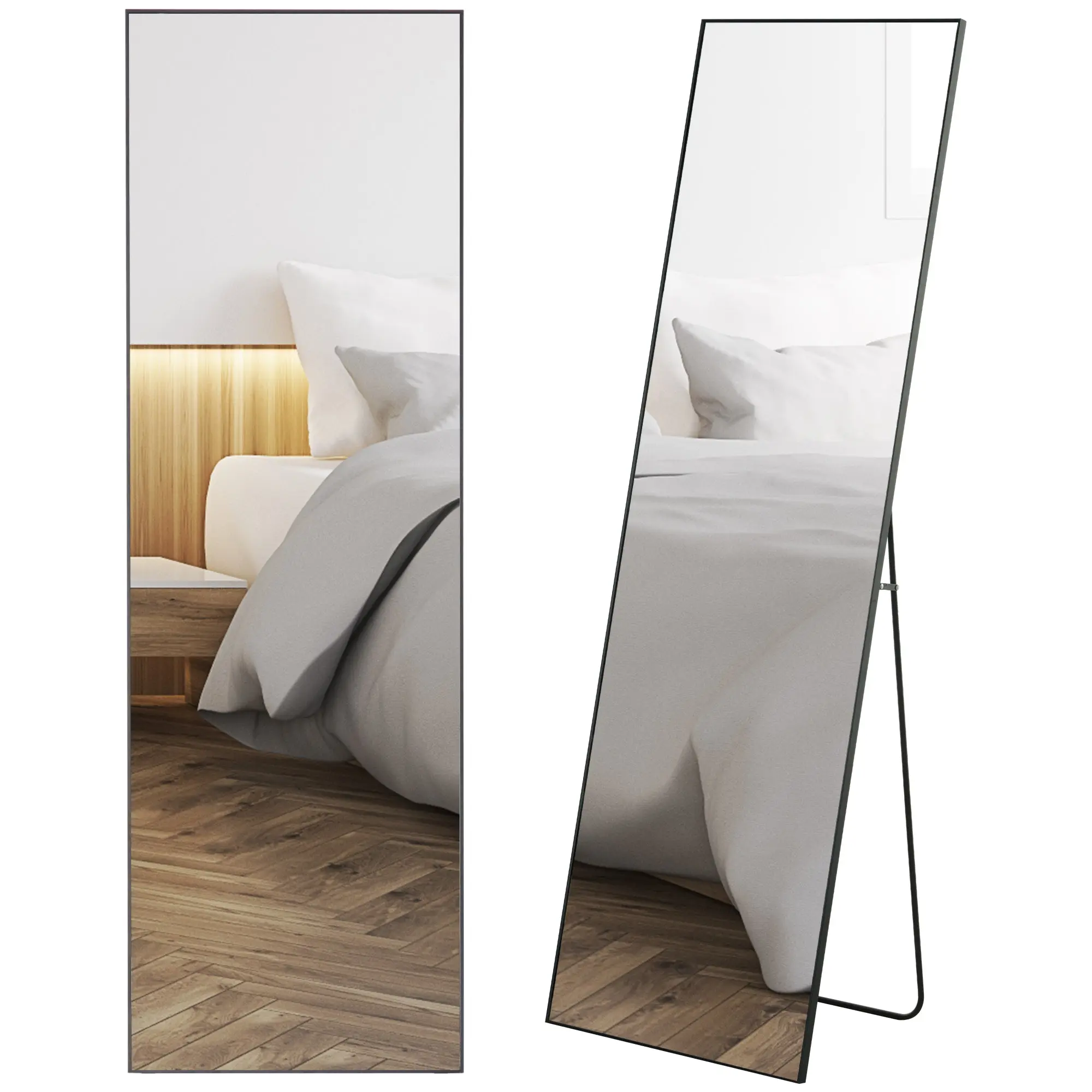 Full Length Wall or Freestanding Mirror with Tempered Glass, Modern Mirror with Metal Frame and Aluminum Alloy for Living Room, Bedroom, and Entryway, 50x2x161.5 cm, Black