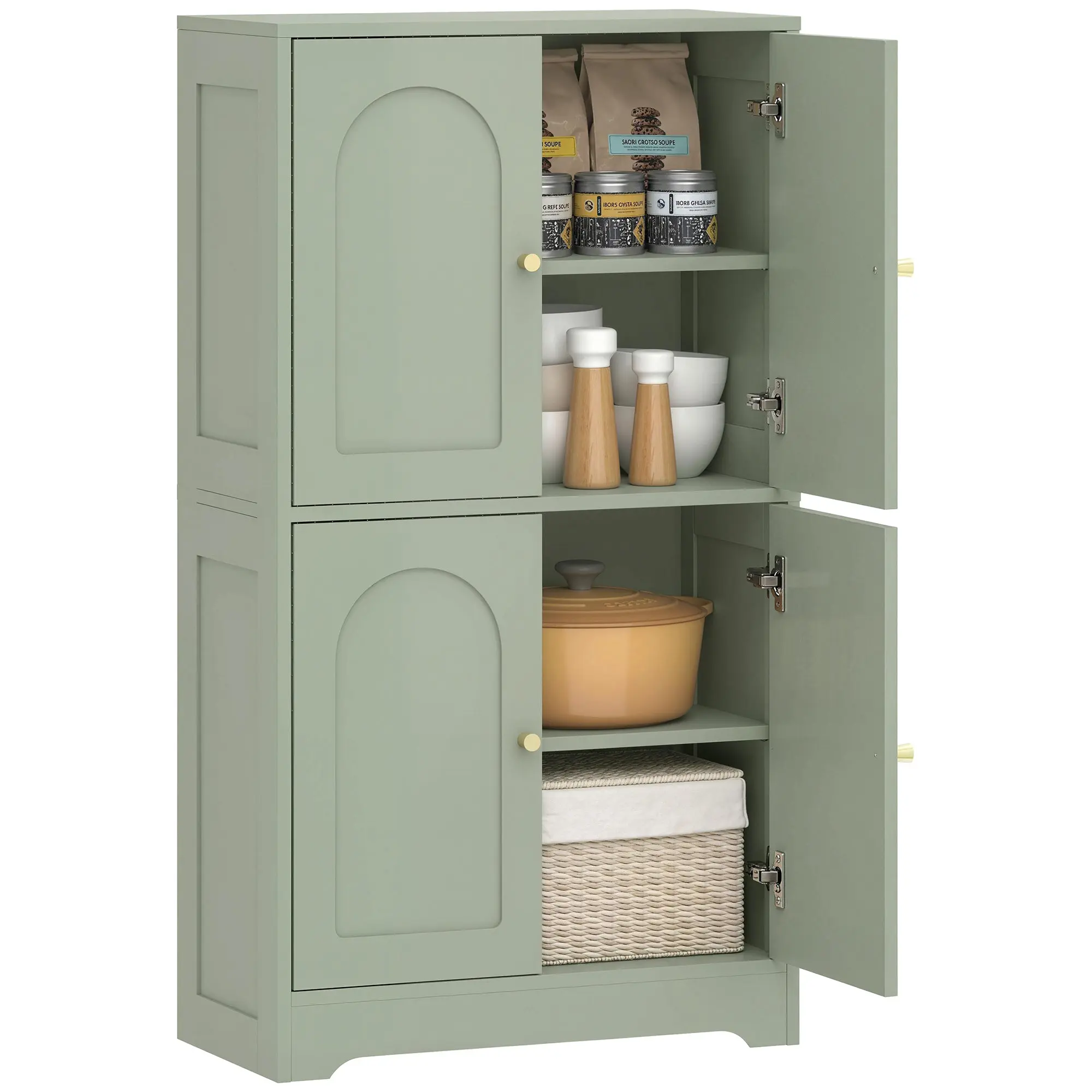 Kitchen Sideboard — Modern Green Storage Cabinet with 4 Curved Doors & 2 Adjustable Shelves, 60 x 30 x 110 cm (23.6 x 11.8 x 43.3 in)