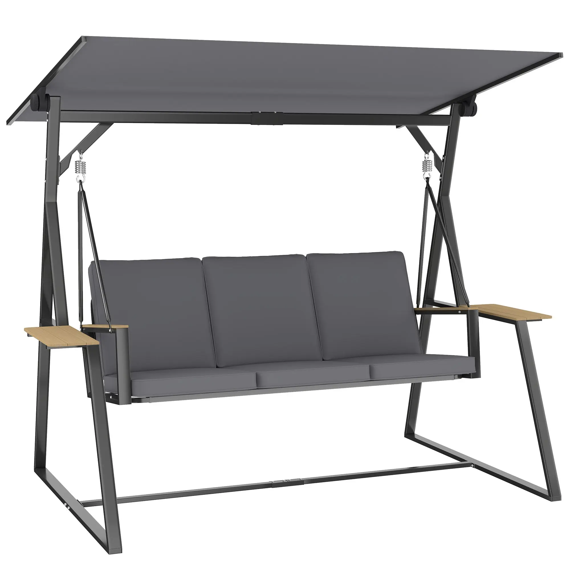 3-Seater Garden Swing Chair with Adjustable UPF50+ Canopy, Cushioned Patio Swing Bench with Side Trays, Metal Frame, 222 x 131 x 175 cm, Charcoal