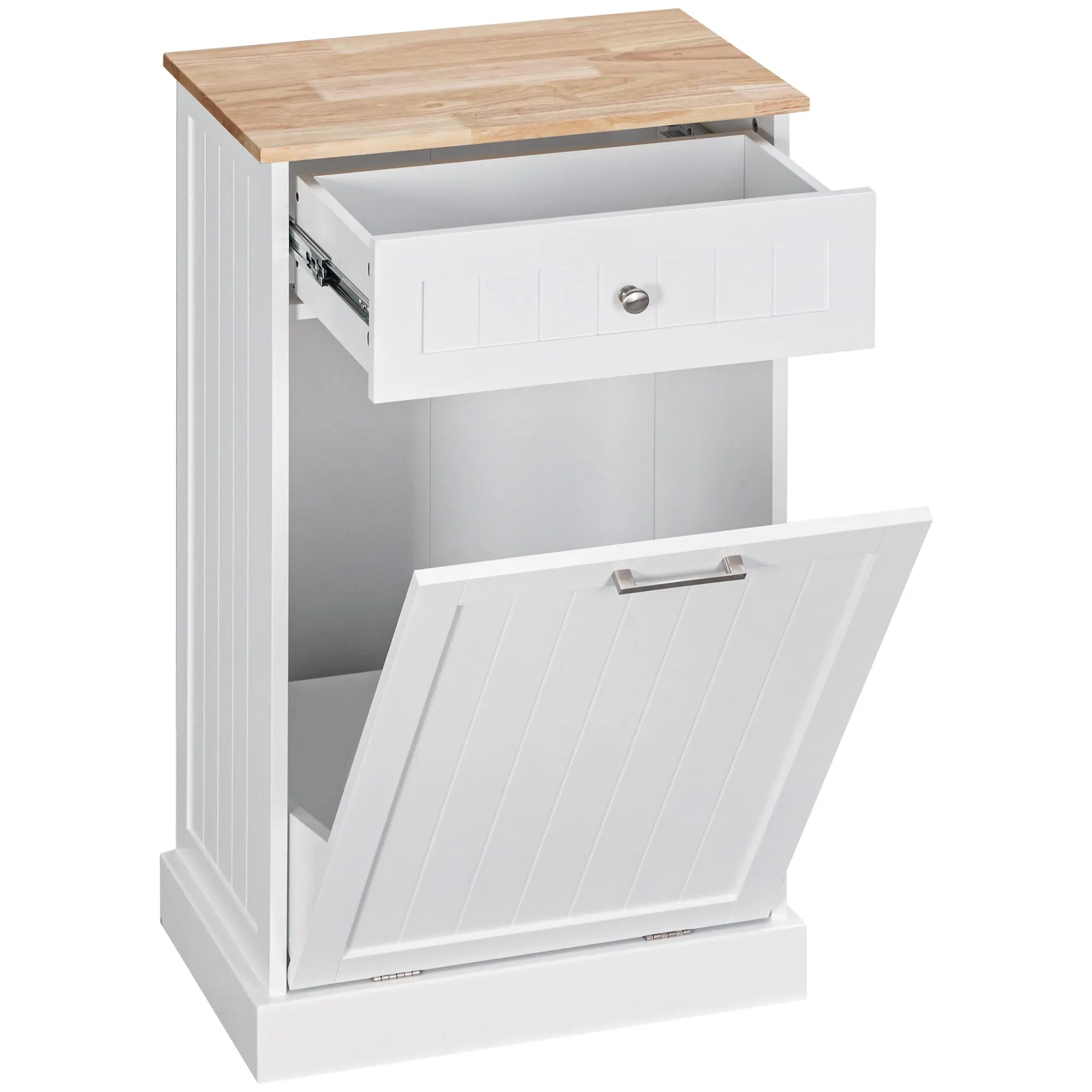 Kitchen Cabinet with 38 L Tilt-Out Trash Bin, Drawer, Oak-Effect Top — Rustic White, 51 x 33.5 x 90 cm (20 x 13.2 x 35.4 in)