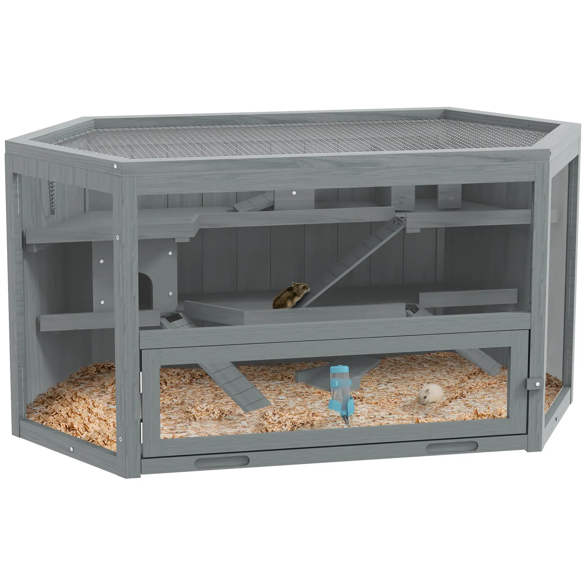 Hamster Cage made of wood 3 floors rodent enclosure small animal cage with foldable lid viewing window ramp food bowl accessories, small animal hutch wooden cage cage for hamster 115x60x55cm Gray
