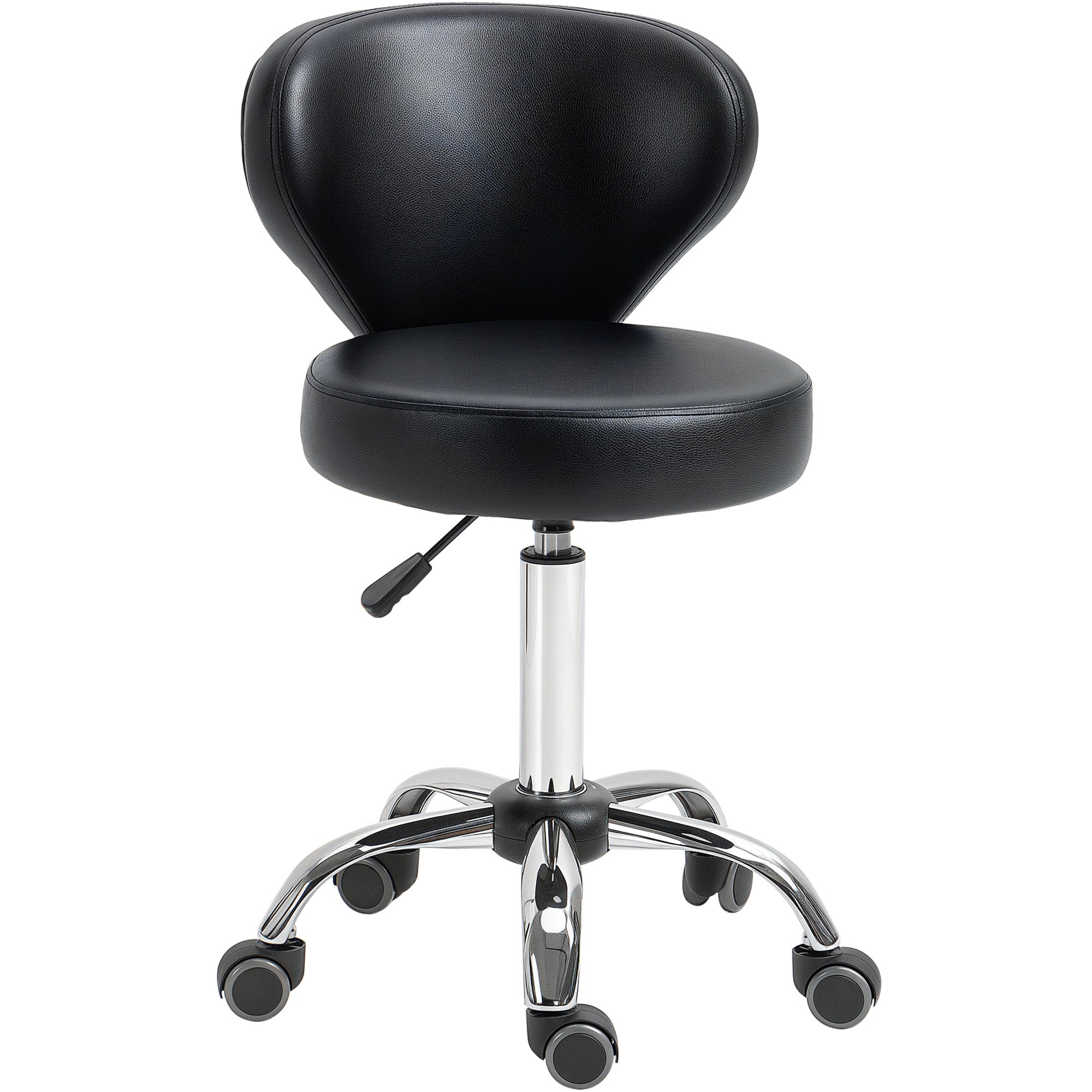 HOMCOM höhenverstellbarer Drehhocker mit Rückenlehne und Rollen – Arbeitsstuhl für Büro, Wohnzimmer, Kunstleder, 45 x 54 x 73-88 cm, schwarz
