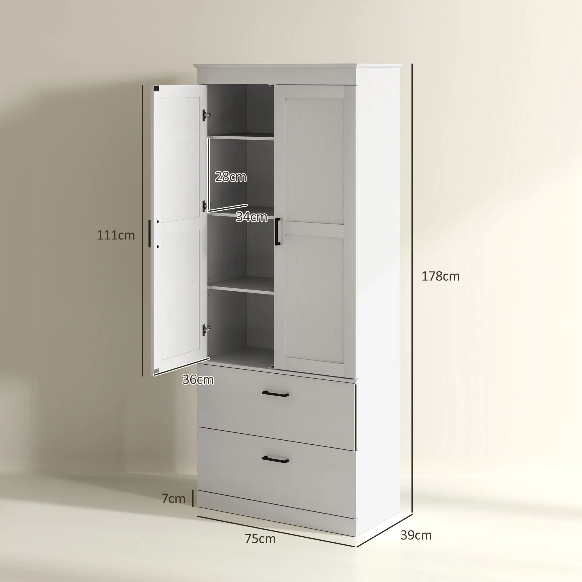 Kitchen Cabinet Buffet Cupboard Storage Cabinet Modern Style with Cupboard, 2 Drawers, and Adjustable Shelves, 75 x 39 x 178 cm, Gray