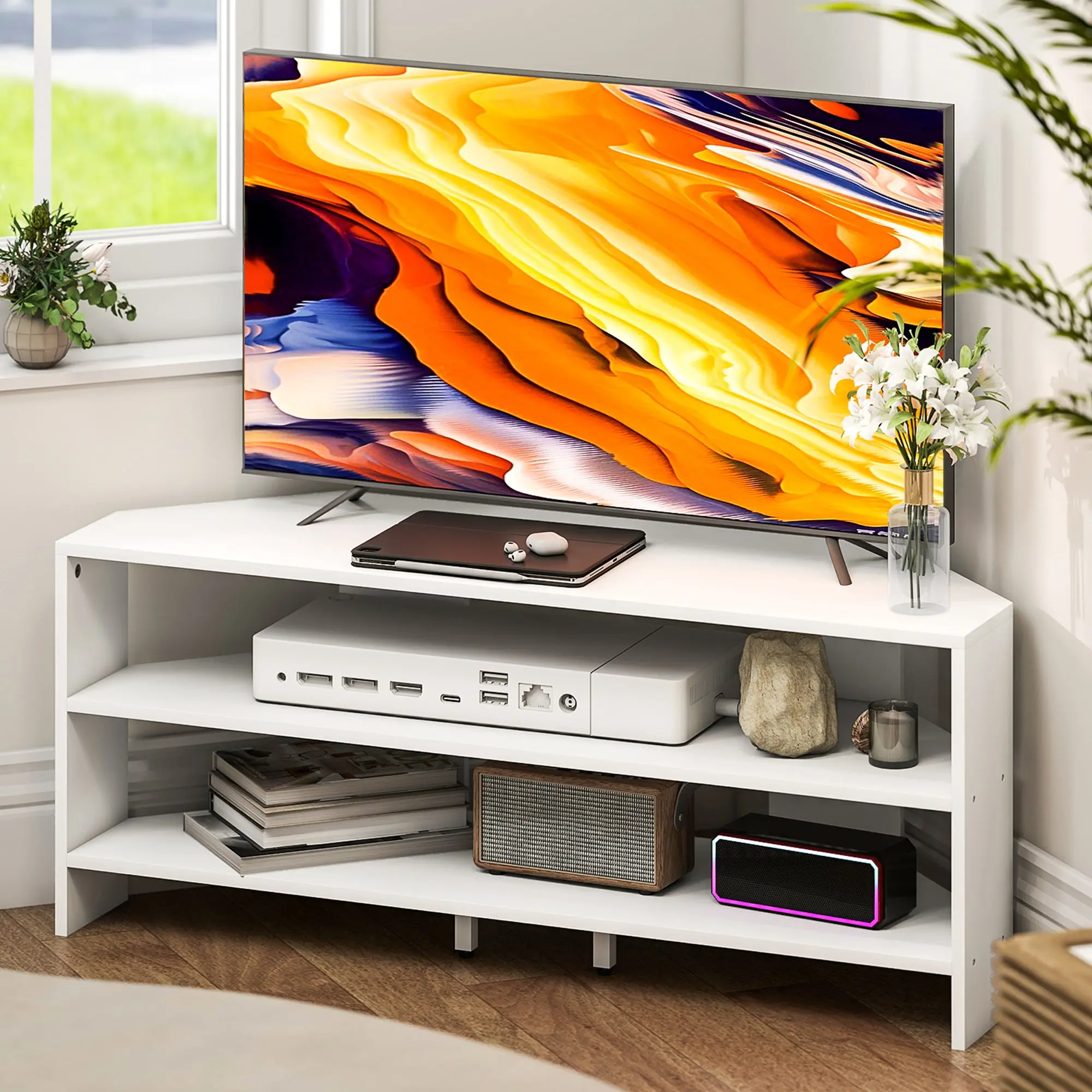 47" Corner TV Stand with 2 Open Shelves, Modern Wood TV Stand for Bedroom and Living Room, 110x36x45 cm, White