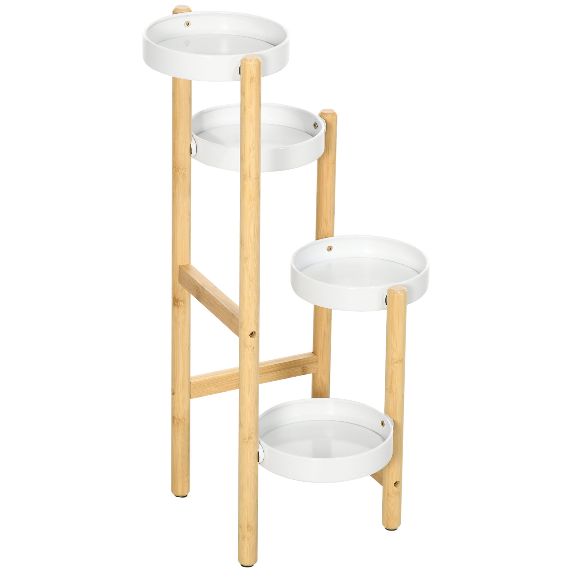 Outsunny Bamboe Plantenstandaard Bloemenstandaard met 4 Ronde Planken Belasting 20 kg voor Binnen en Buiten Ø28x80 cm Natuurlijk en Wit