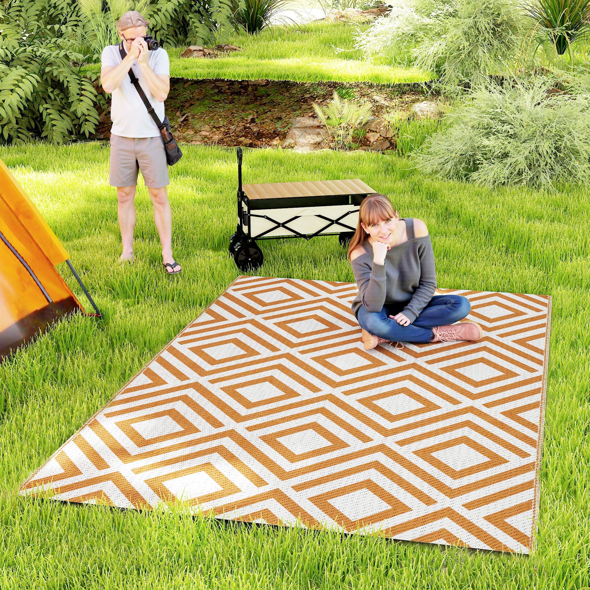 Outsunny Outdoor-Teppich 182x274 cm Wende-Teppich mit geometrischem Diamantmuster, wasserdicht für Terrasse, Balkon, Patio, Camping, Strand, Oxidrot und Weiß