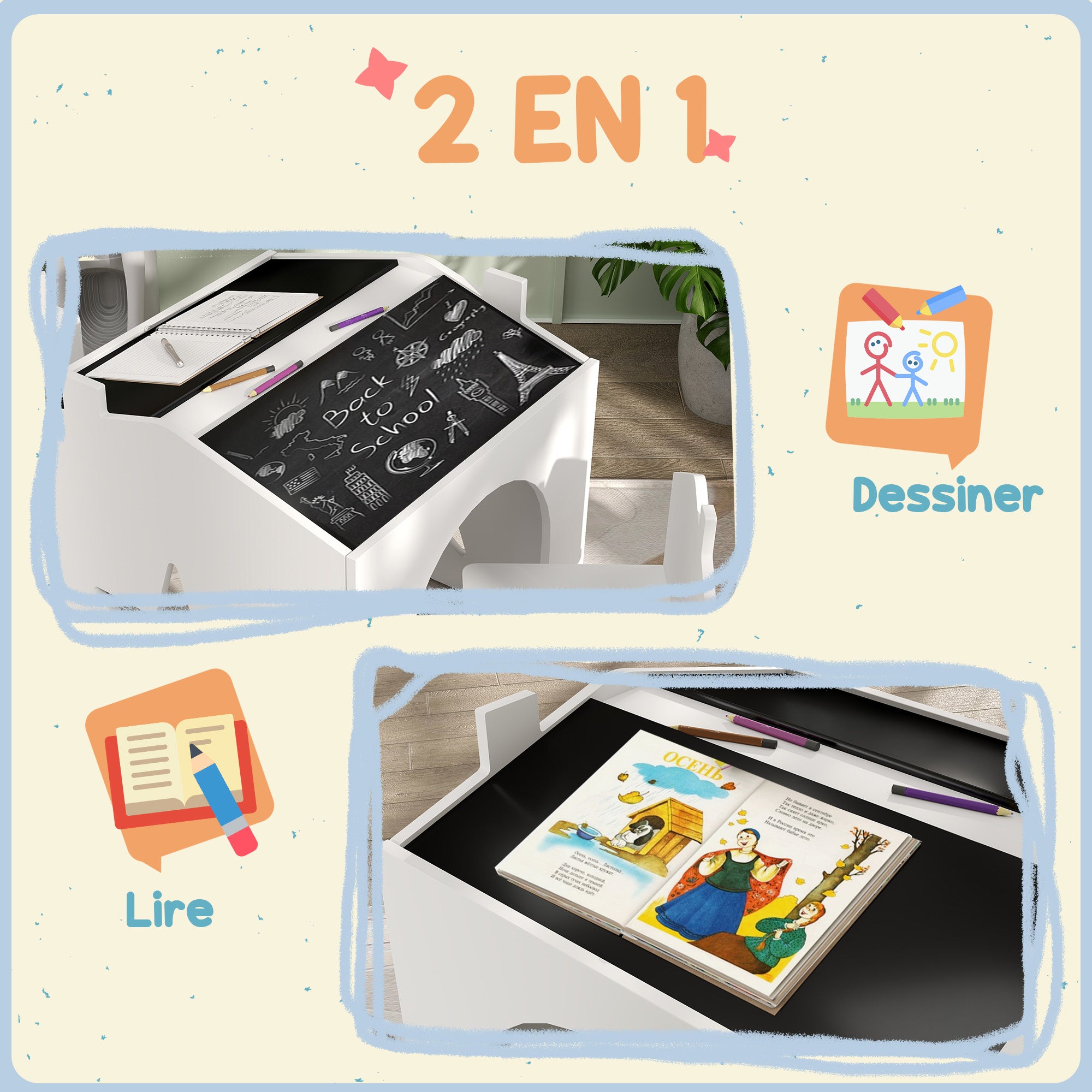 Set 1 Table and 2 Chairs 3-piece for Kids with Slate, Pine Legs, for 3-8 years, White