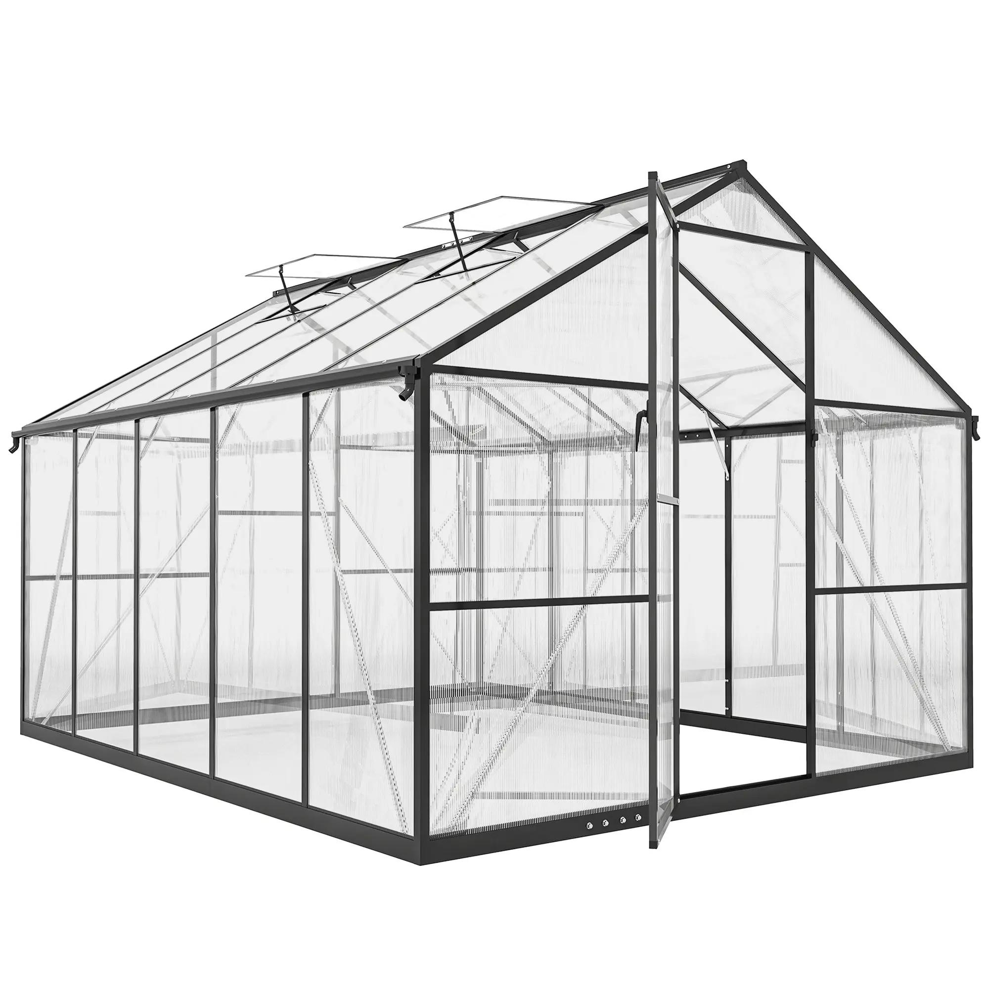 Polycarbonate Greenhouse with Aluminum Alloy Frame, 80.7 sq ft (7.5 m²) – Hinged Door, 2 Adjustable Roof Vents, Rain Gutters, UV Protection, 304 x 247 x 205 cm (10.0 x 8.1 x 6.7 ft) – Black