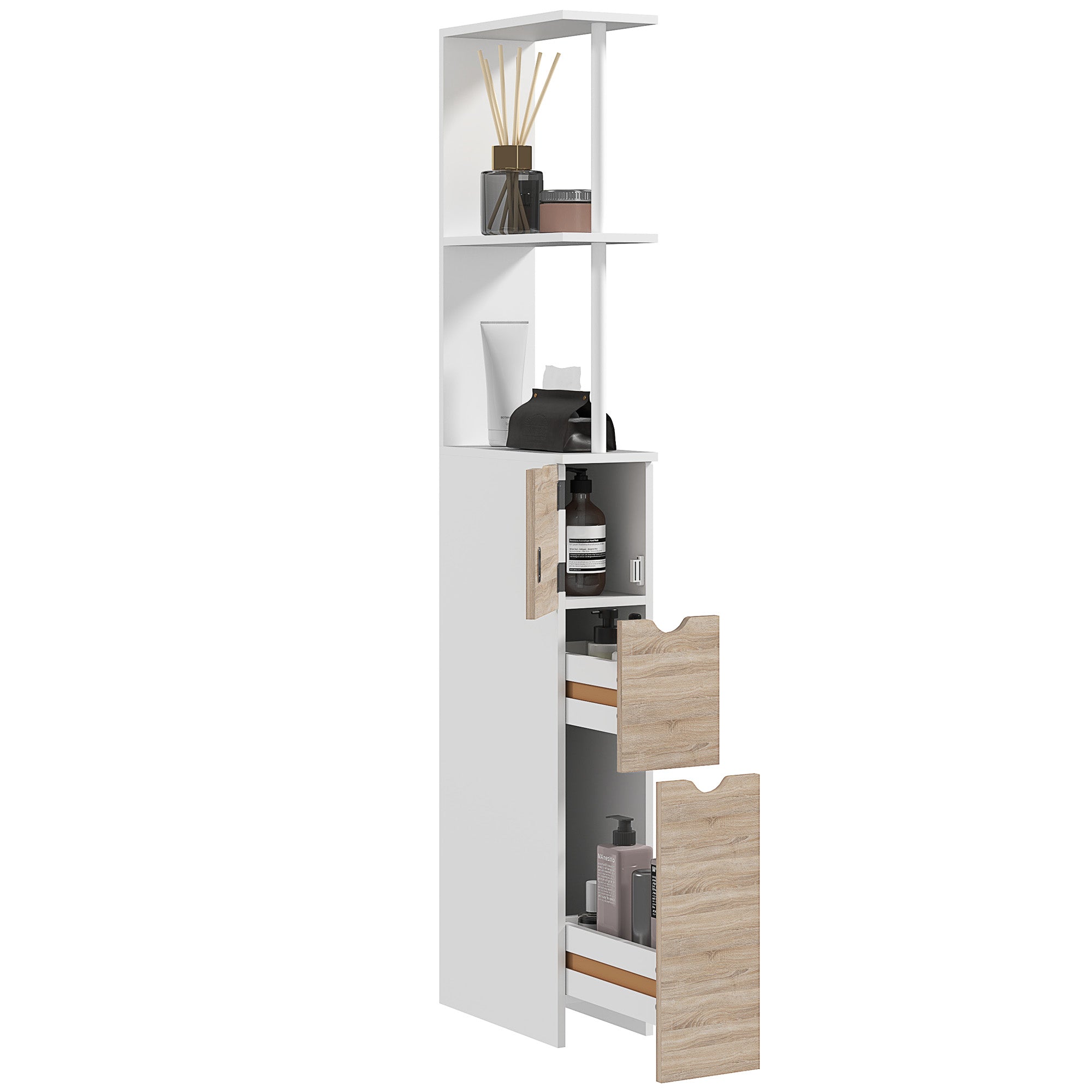 Slim Bathroom Storage Cabinet, Space-Saving Wooden Bathroom Column with Shelves, Drawers & Door, Narrow Tall Unit for Small Bathrooms, Wood Finish