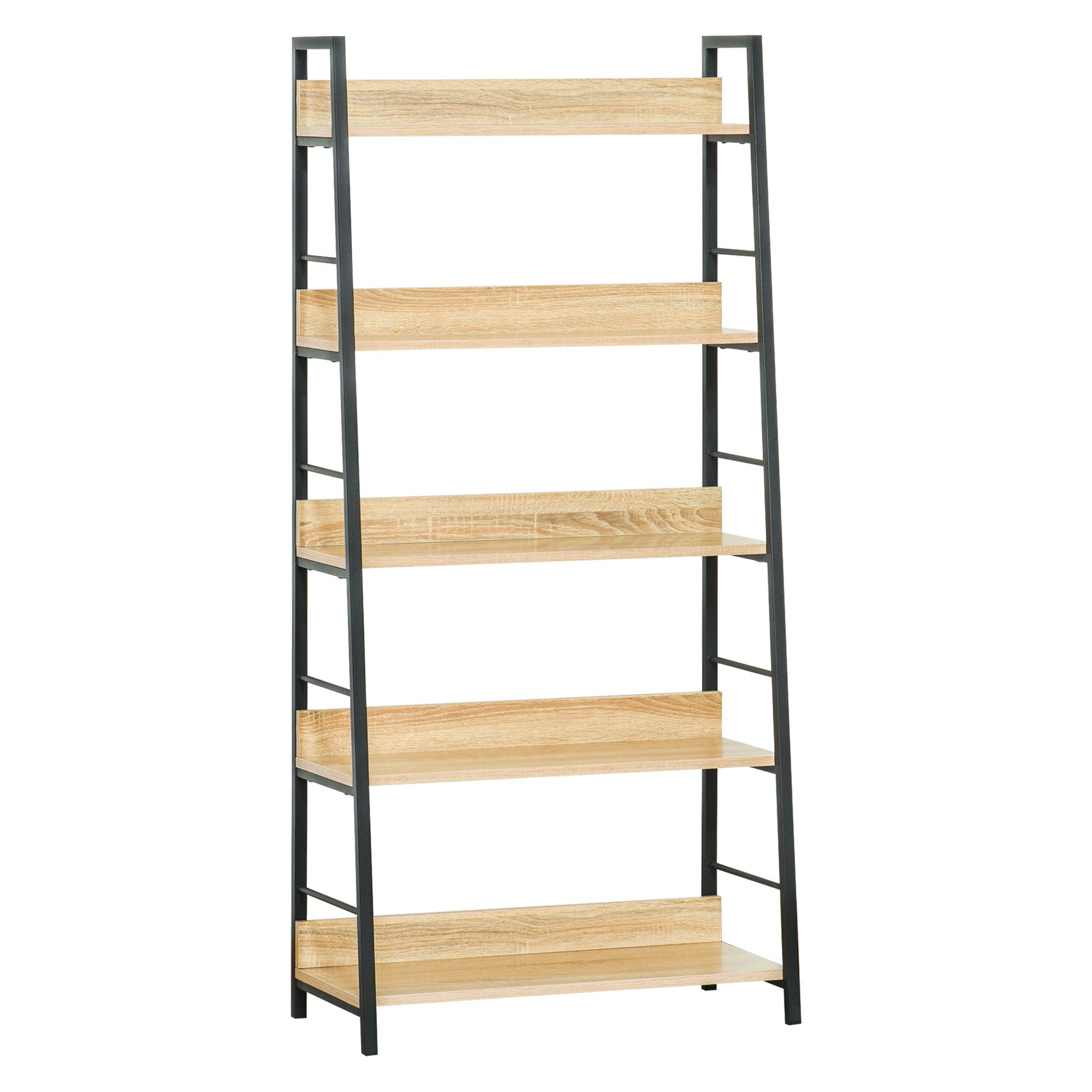 HOMCOM Knižnica s 5 Úrovňami do Obývačky, Polica s Kovovým Rámom, Nosnosť 25 kg, 70x35x149,5 cm Prírodná