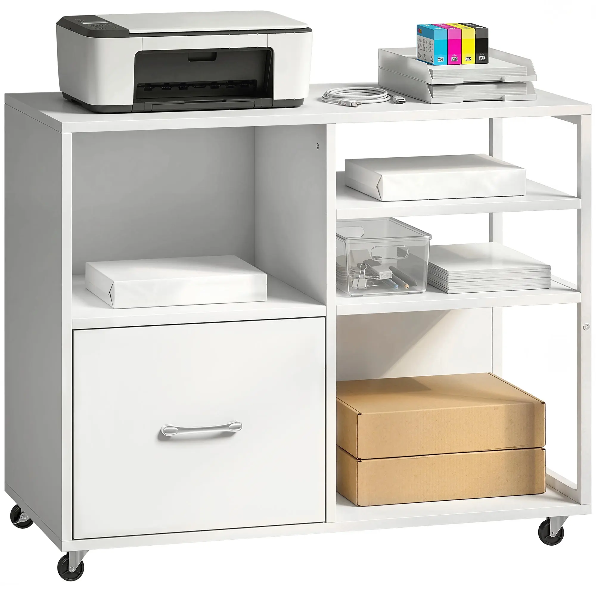 Printer Stand with Wheels, Open Shelves & A4/Letter File Drawer — Mobile Office Cart, White