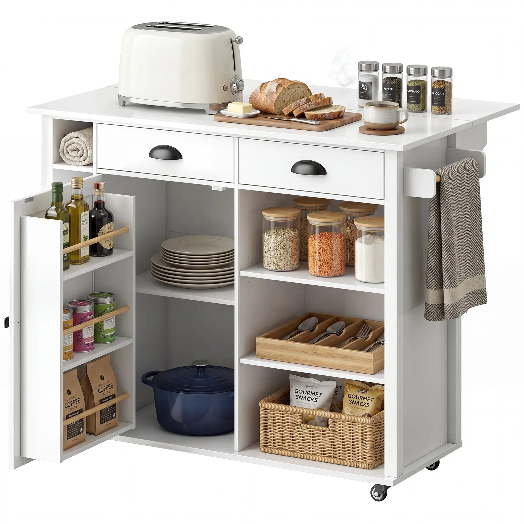 Kitchen Island with Foldable Top & Wheels, Side Cabinet with Spice Rack, Towel Bar, 2 Drawers, Open Shelves, 46.3x27.6x35.8 in (117.5x70x91 cm), White